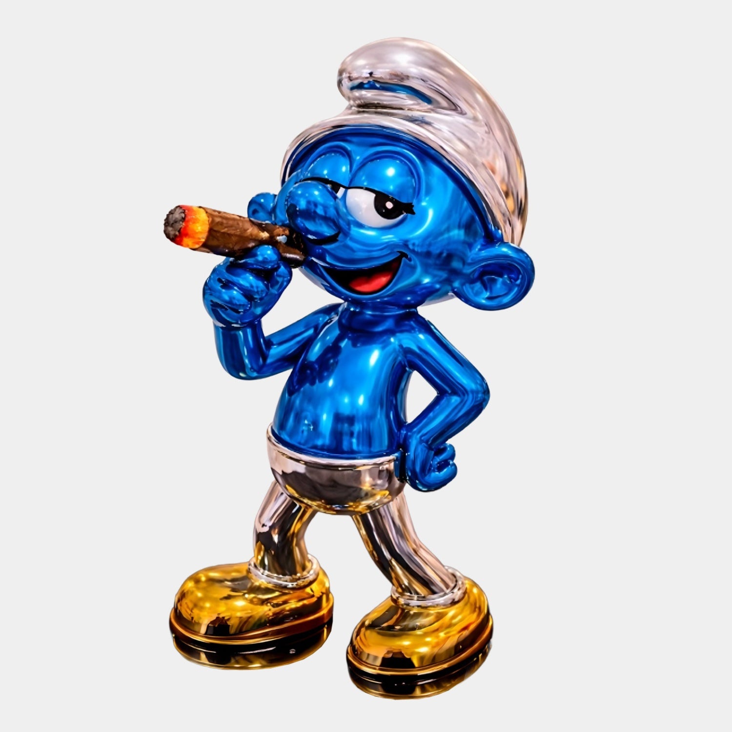 The Smurf Cigar Swagger Sculpture - 70cm by Giant Sculptures is a glossy, metallic blue statue with gold shoes and a silver hat, confidently holding a lit cigar. This luxury chrome art piece features a shiny, reflective finish.
