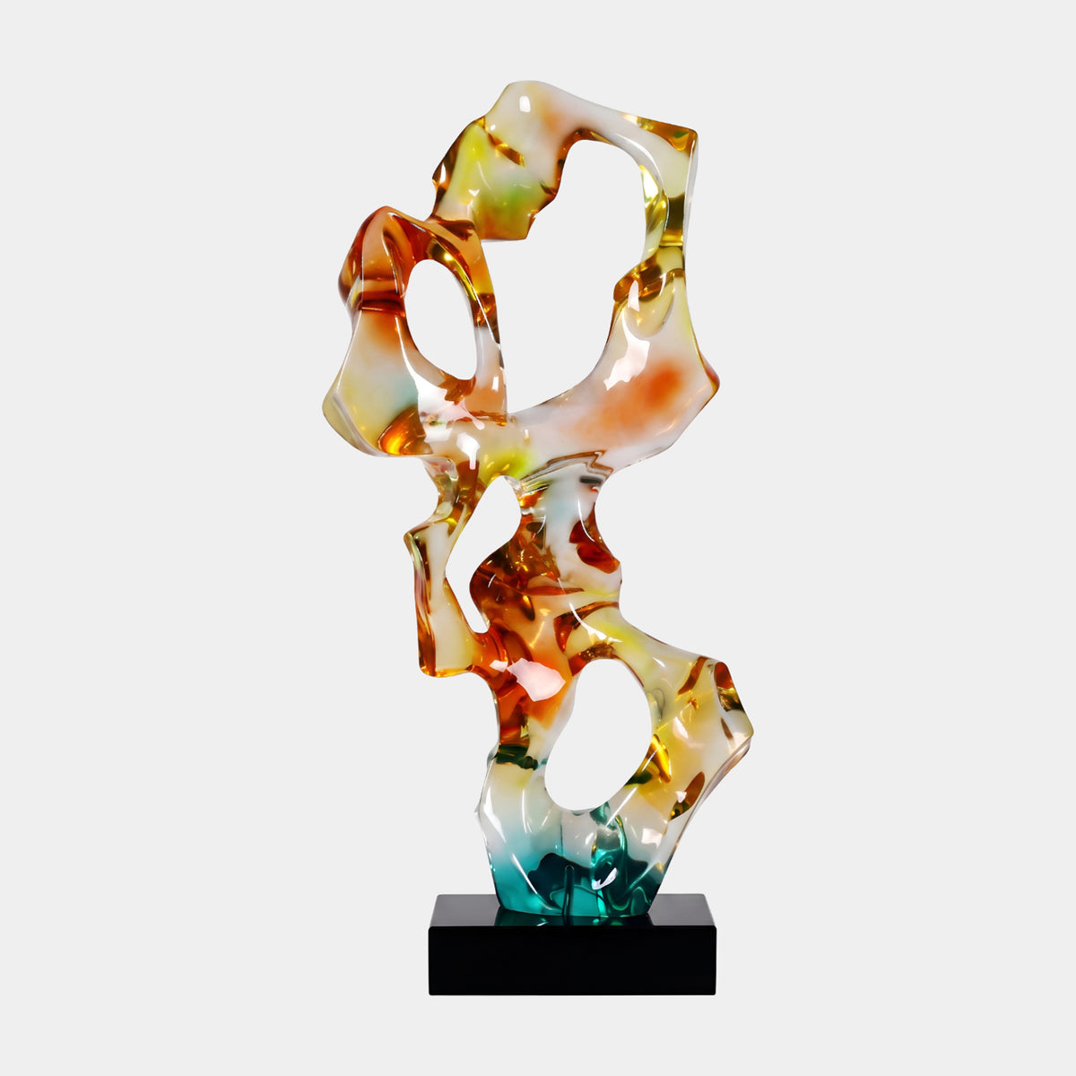Amber & Teal Swirled Ribbon Resin Sculpture, 83cm, a twisting ribbon form with four openings on a black marble base, set against a plain white background.