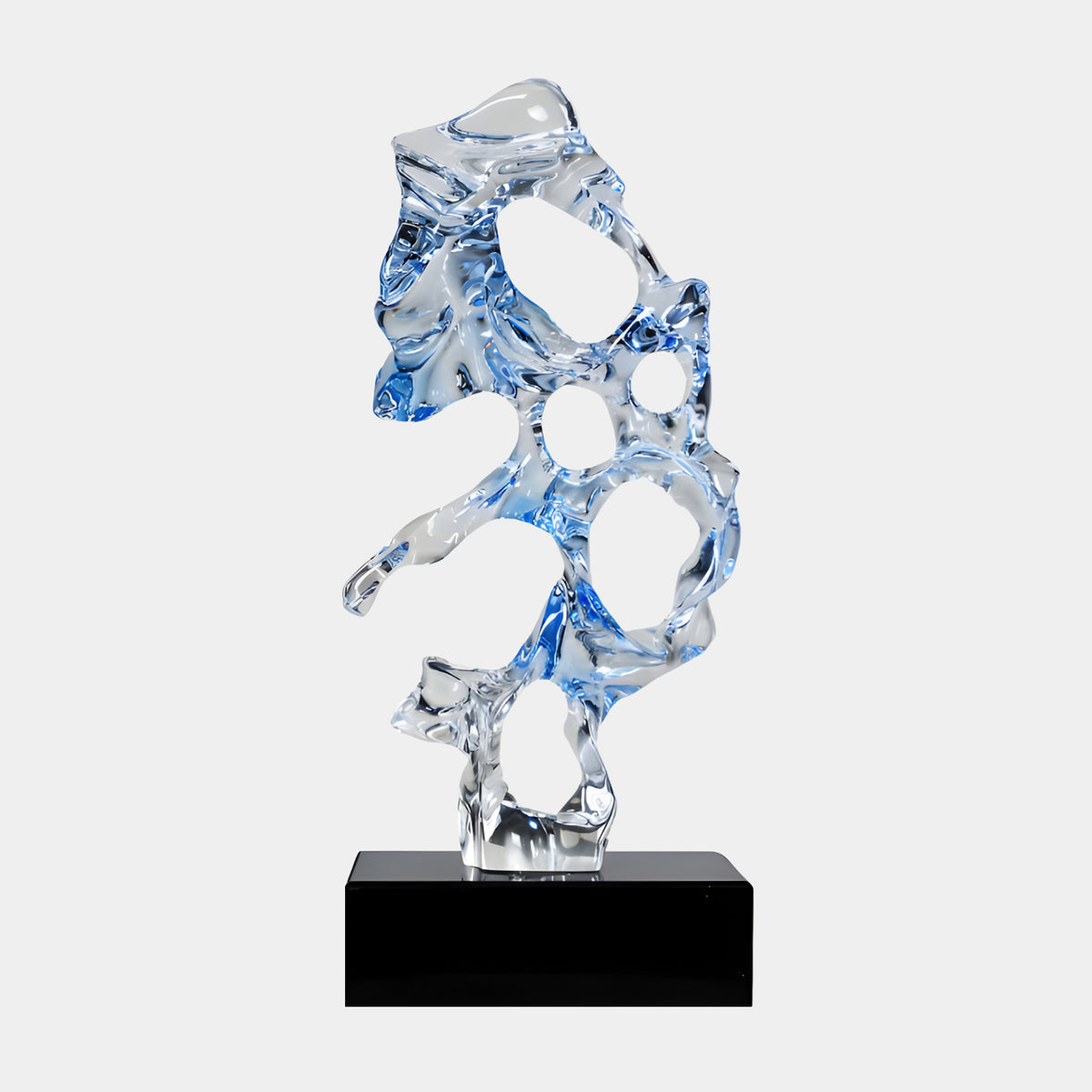 Blue Veined Pierced Scholar's Rock Resin Sculpture (46cm) with clear, pierced form on black marble base, set against a plain white background.