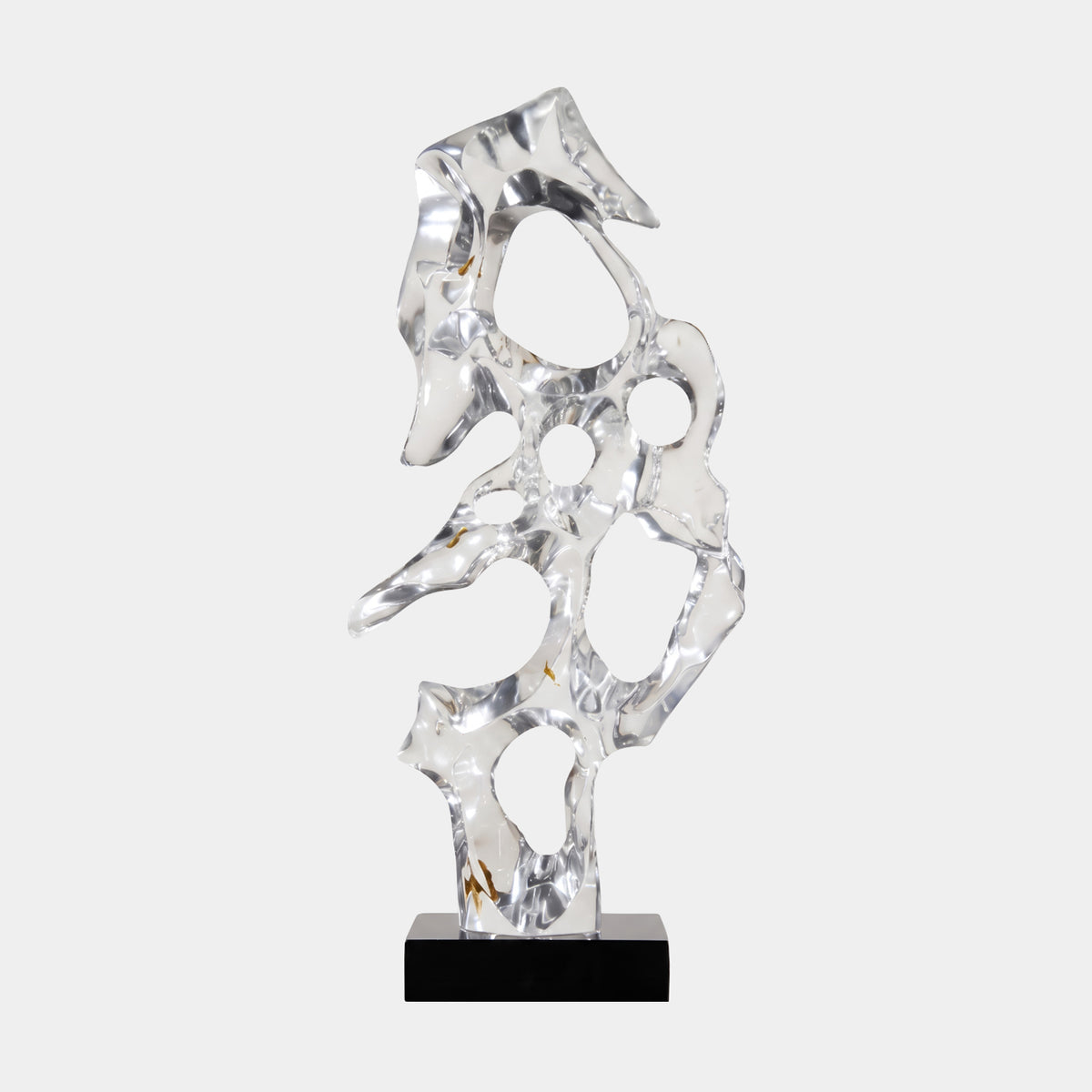 Clear Pointed Pierced Fin Resin Sculpture (83cm) by Giant Sculptures, an upright form with pierced openings, on a black marble base against a plain white background.
