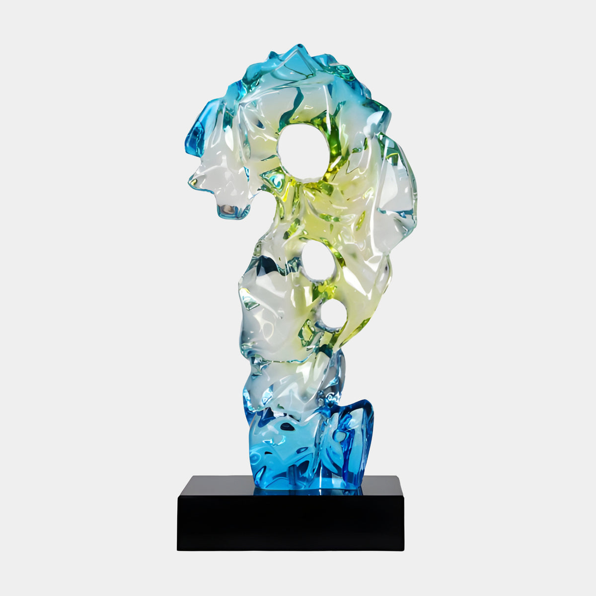 Green Banded Triple Opening Resin Sculpture, 57cm, with blue, yellow-green, and blue bands and three round openings, on a black marble base against a light grey background.