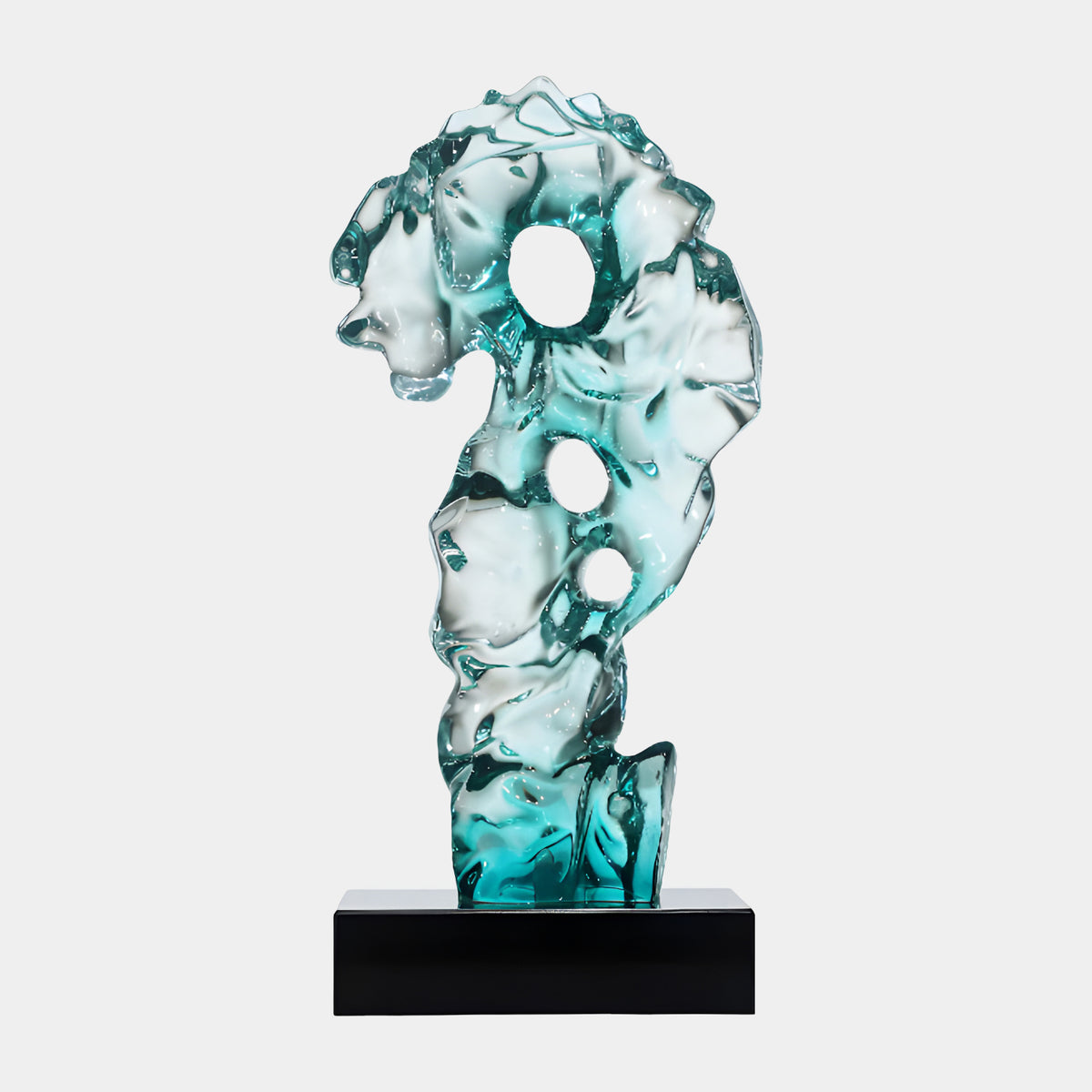 Teal Triple Opening Curled Rock Resin Sculpture, 57cm, with a wave-like curling top and three round openings, set on a black marble base against a plain light background.
