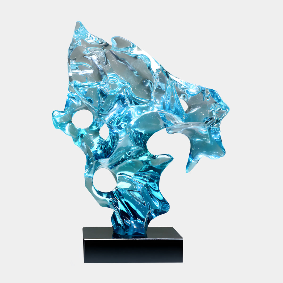 Aqua Spiked Fanned Shell Resin Sculpture, 63cm, blue fanned form with spiked rim and cut-out openings, swept to one side on a black marble base, plain white background.