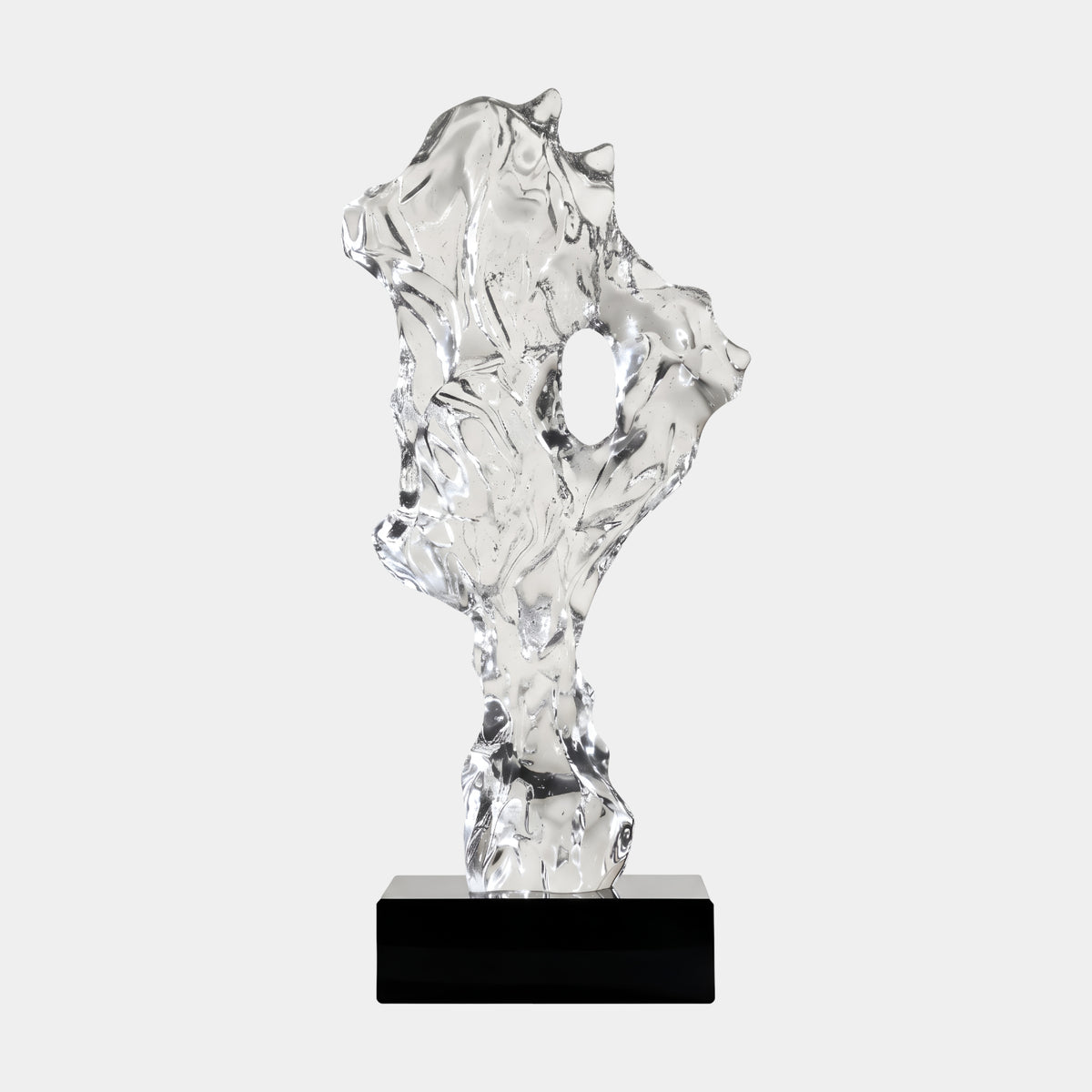 Clear Fissured Scholar's Rock Resin Sculpture, 54cm, with fissured facets and one oval opening, on a black marble base against a white background.