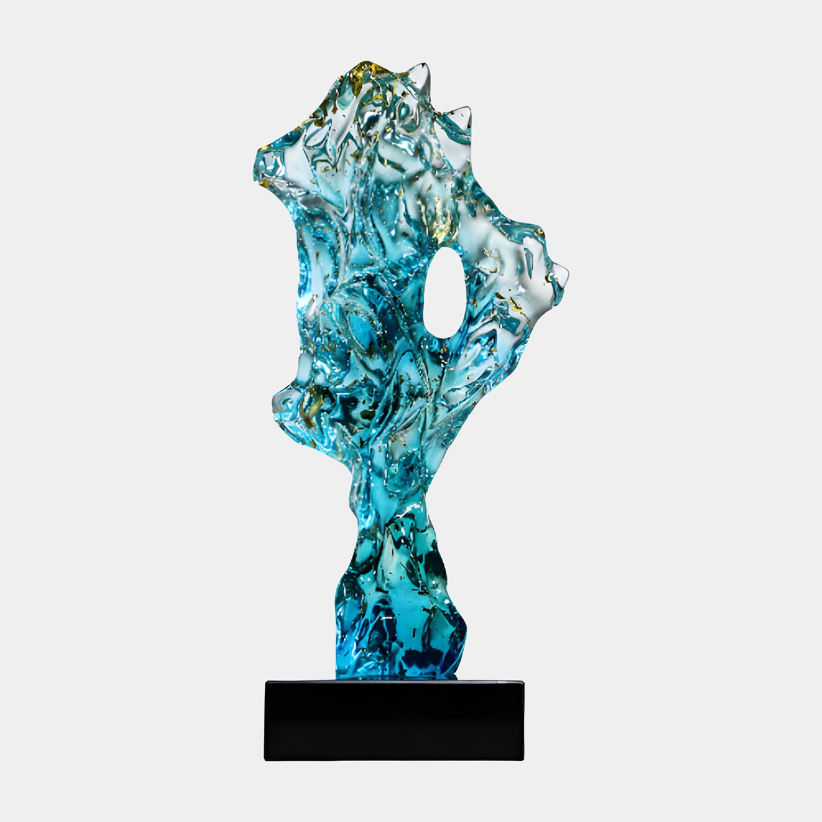 Teal Gold Fleck Fissured Scholar's Rock Resin Sculpture, 54cm, with a small pierced window and black marble base, on a plain white background.