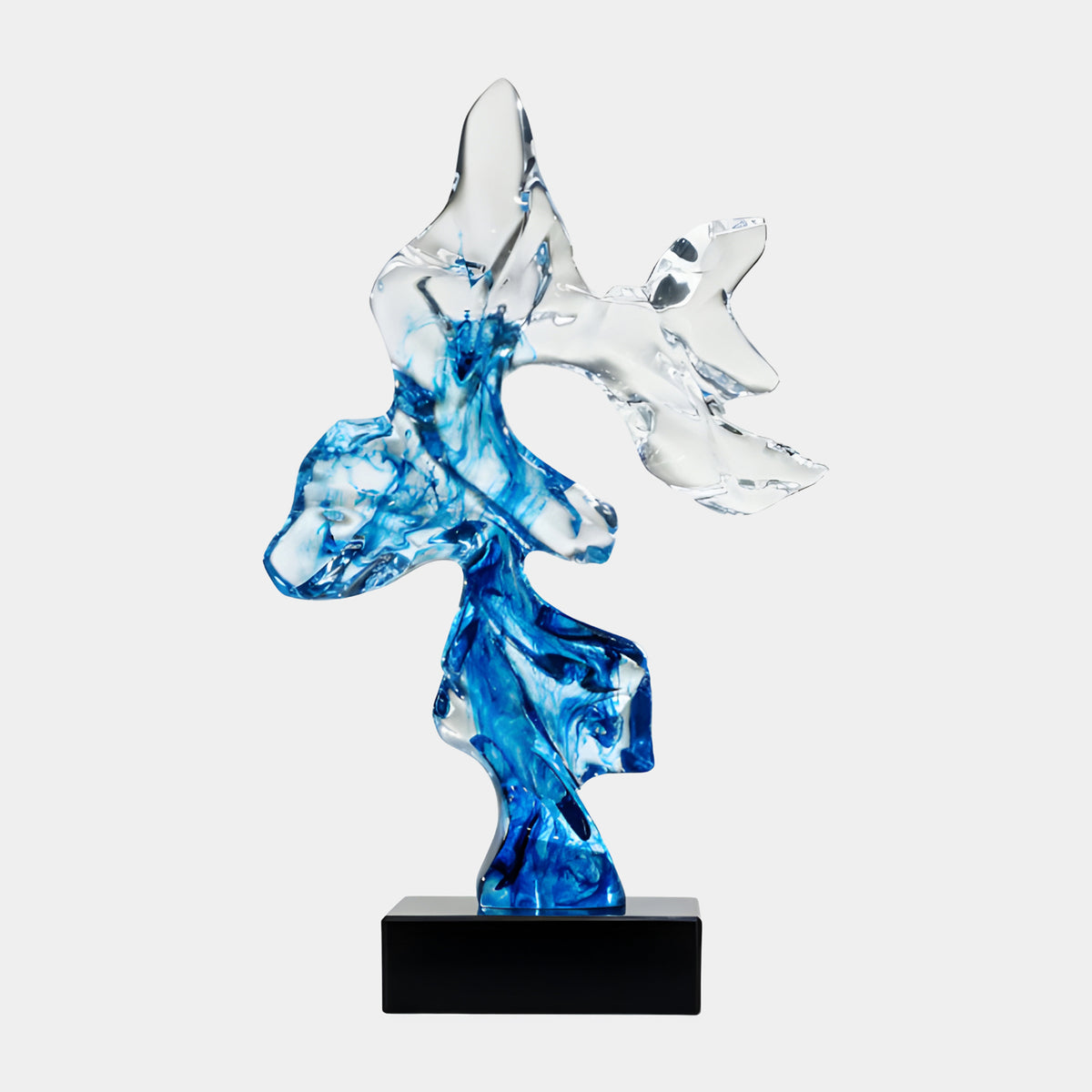 Blue & Clear Winged Scholar's Rock Resin Sculpture - 57cm, with a blue swirled stem rising into a clear winged form on a black base, set against a plain white background.