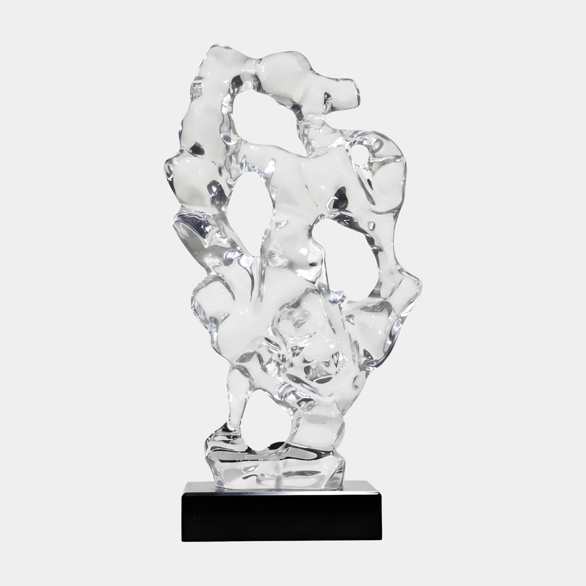 Clear Lobed Openwork Scholar's Rock Resin Sculpture, 65cm, with large cut voids on a black marble base, against a plain white background.