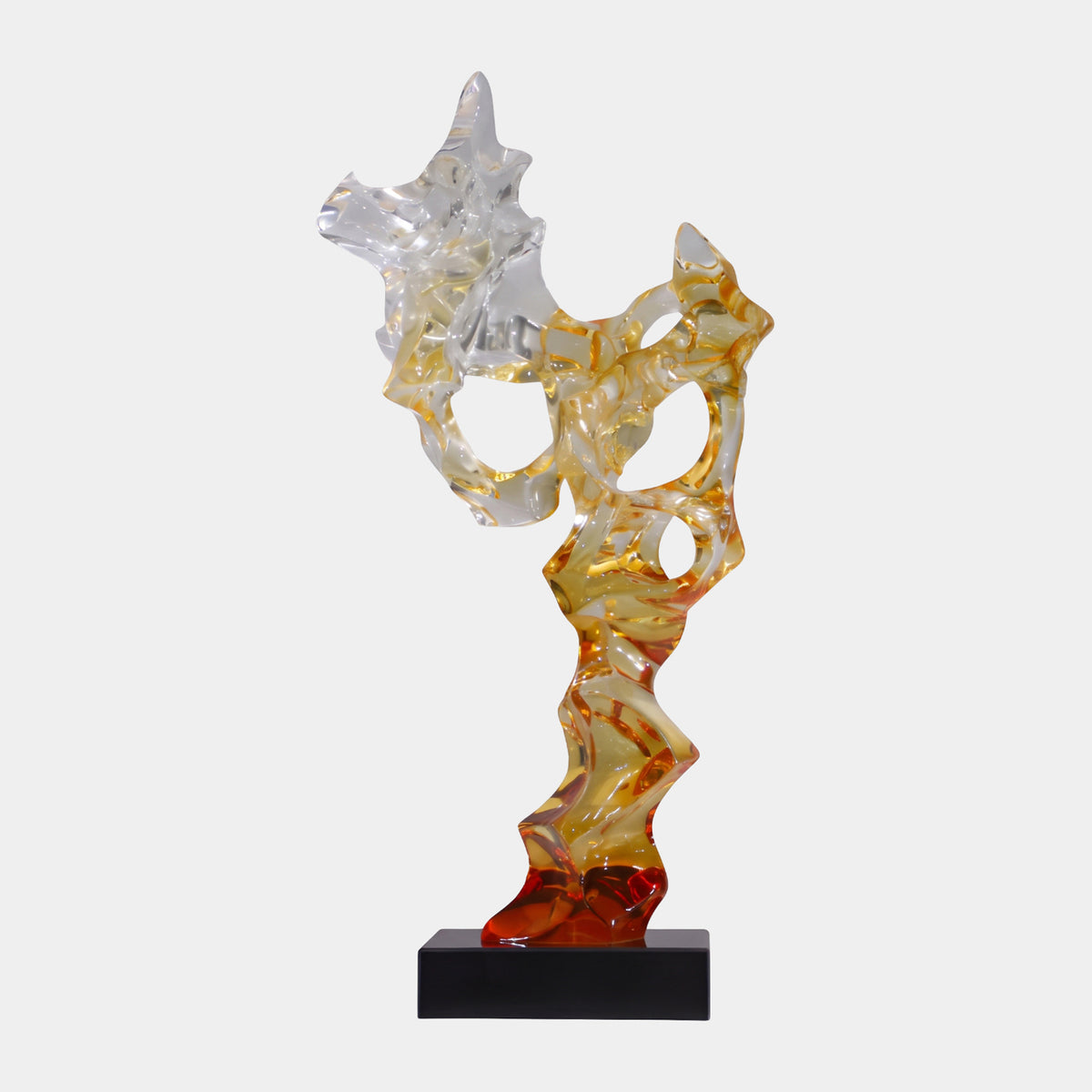 Amber Graded Branching Scholar's Rock Resin Sculpture - 86cm, clear at the crown fading to amber and red-orange, on a black marble base against a plain white background.