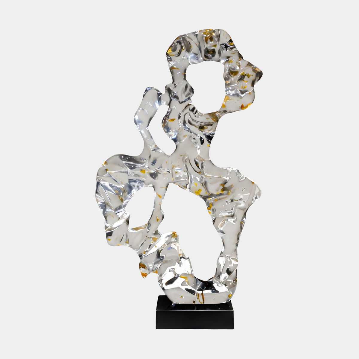 Clear Knotted Scholar's Rock Resin Sculpture, 97cm, with gold flecks and looping voids on a black marble base, shown against a plain white background.