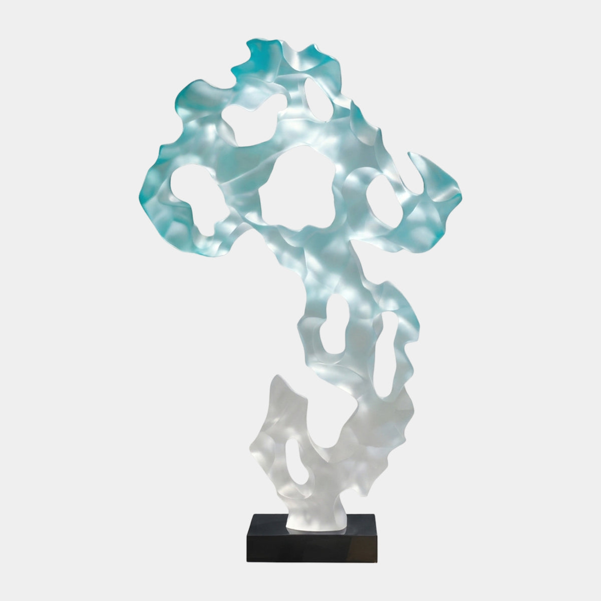 Aqua Frosted Scholar's Rock Resin Sculpture, 128cm, a pierced organic form grading from aqua at the top to white below, on a black marble base against a plain light background.