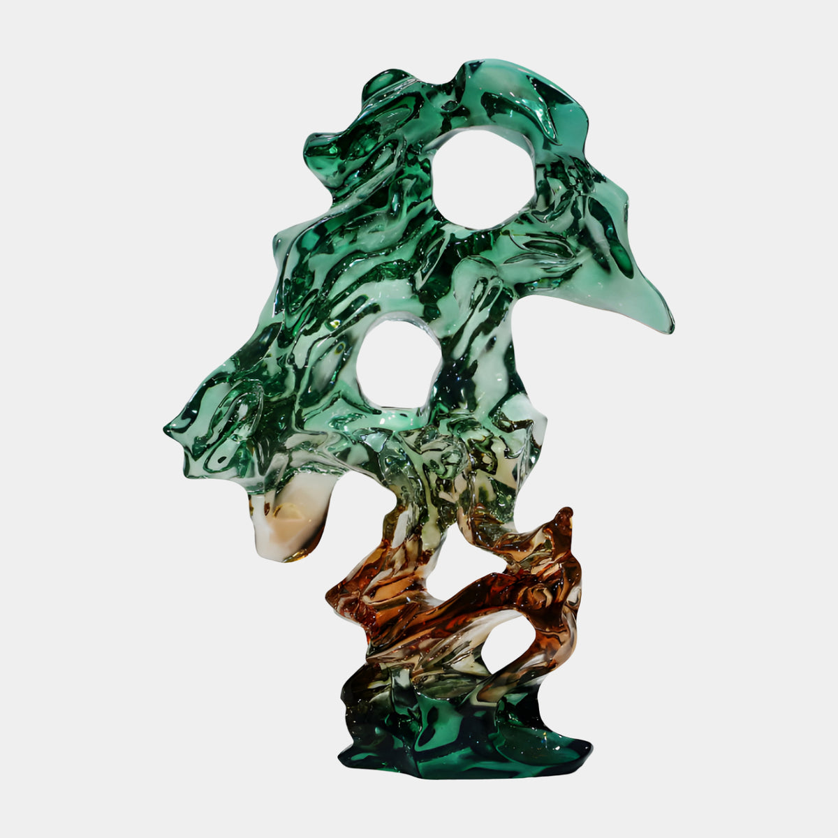 Green & Amber Scholar's Rock Resin Sculpture, 115cm, with two pierced openings, shifting from jade green to amber tones, on a plain white background.