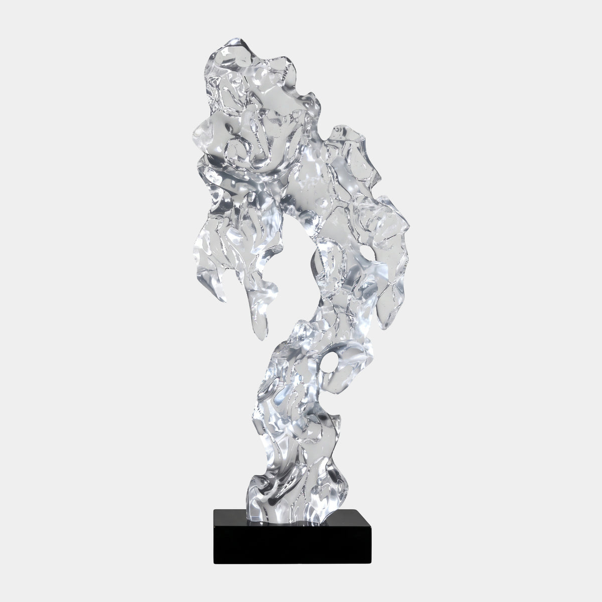 Clear Dripping Scholar's Rock Resin Sculpture, 89cm, with dripping tapered forms and a central void, set on a black marble base against a plain grey background.