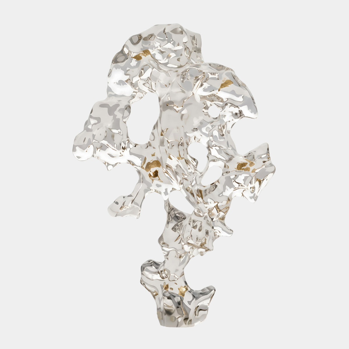Gold Fleck Openwork Scholar's Rock Resin Sculpture, 148cm, clear resin form with pierced voids and gold flecks on a narrow foot, shown against a plain white background.