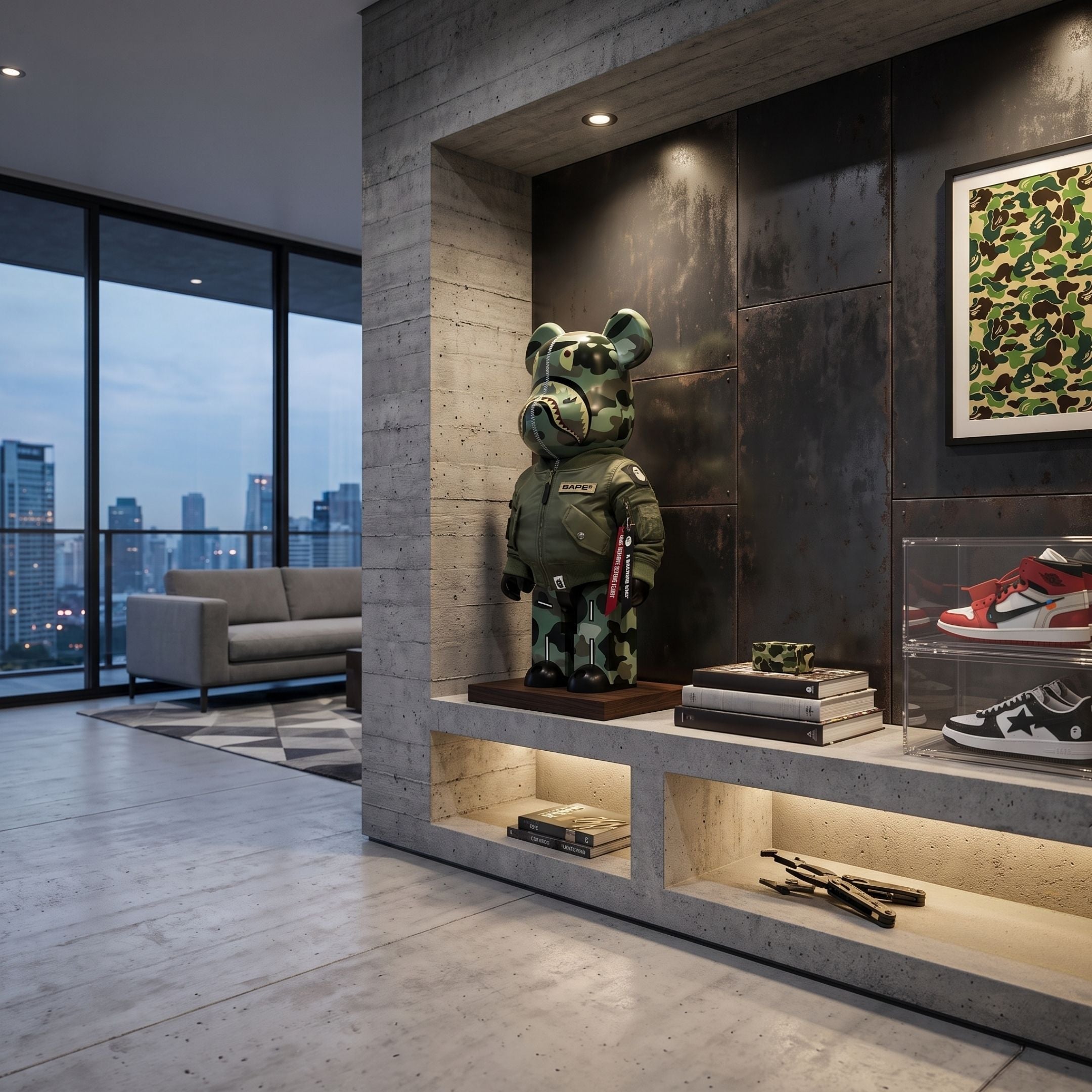 Tactical Flight Bear Sculpture, 70cm, camo bomber jacket with shark-face design, displayed on a lit shelf in a modern living room with city view.