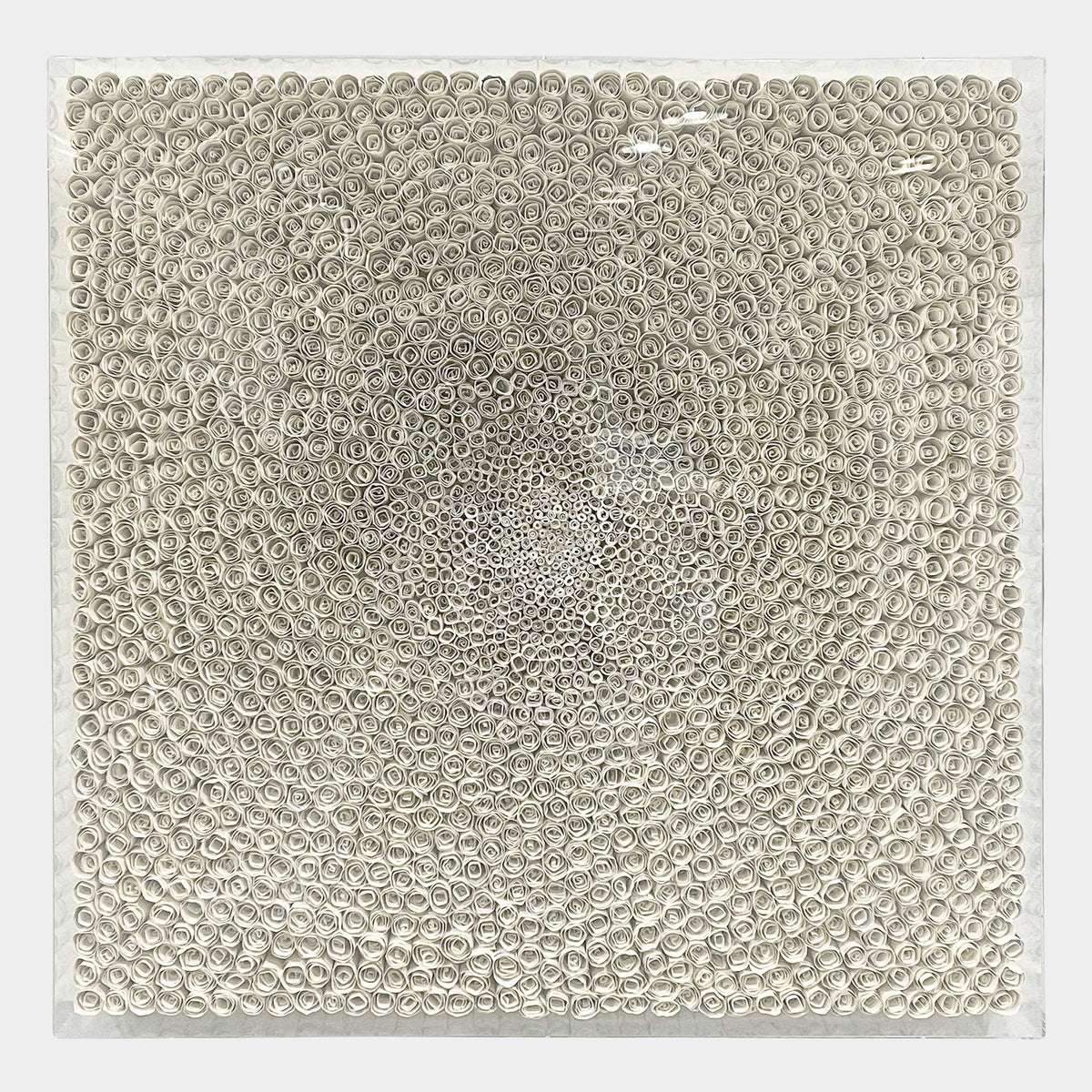 TerraLuma Ivory White Bloom Paper Craft 3D Wall Art featuring hundreds of hand-rolled ivory paper coils in a radiating circular bloom pattern against a light background.