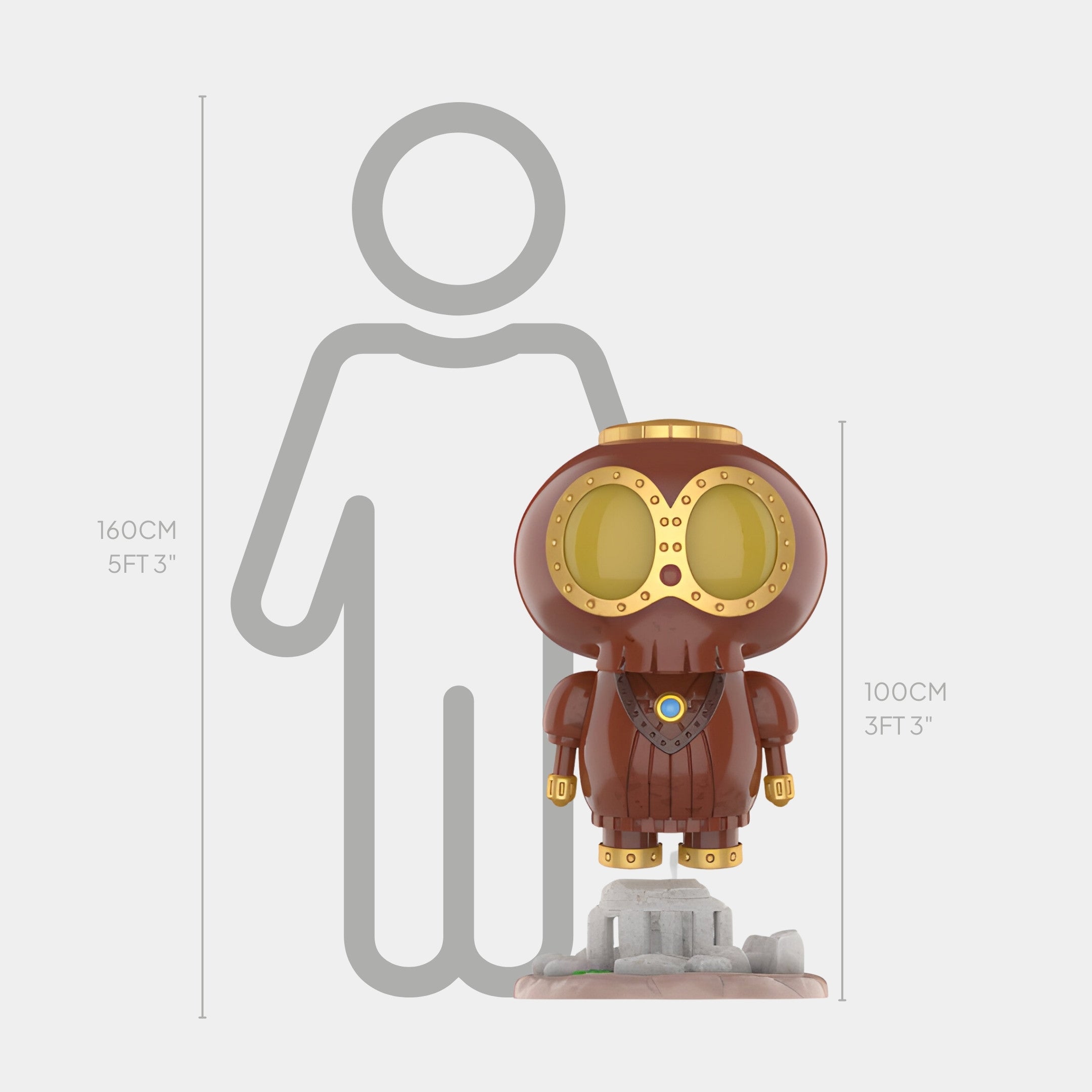 The Monsterverse Sky Myth Labubu Sculpture by Giant Sculptures stands 100cm tall with round yellow eyes and a brown steampunk design. Displayed on a rock, its shown next to a 160cm human outline for height comparison—a true collectable!.