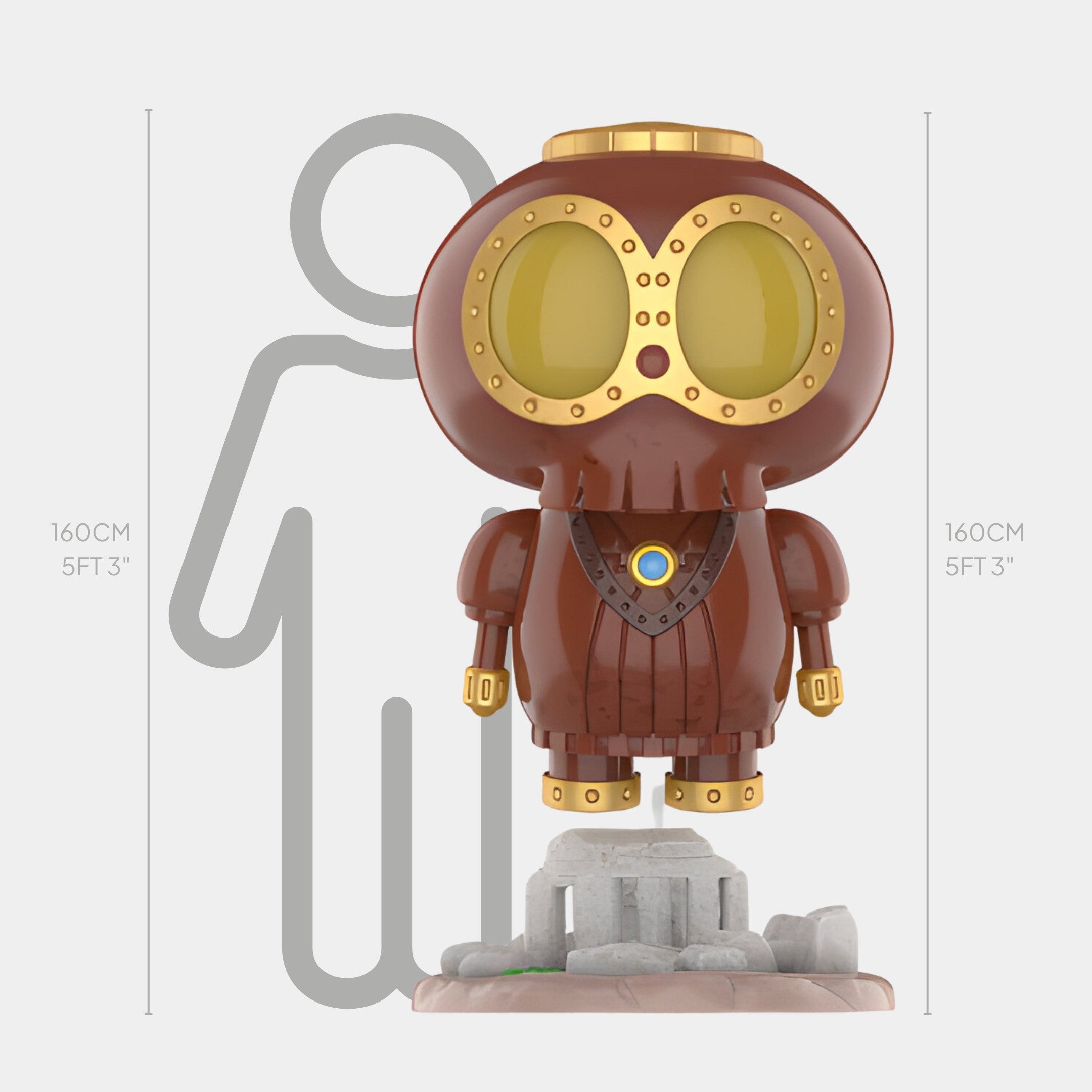 The Giant Sculptures Monsterverse Sky Myth Labubu Sculpture (160cm) features a brown, robot-like figure with large yellow goggles on a stone base, shown beside a gray person outline for height comparison (both 160 cm tall).