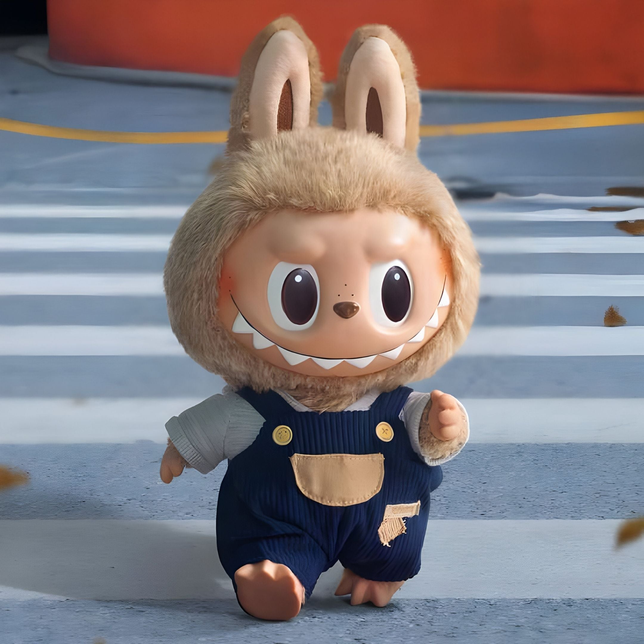 The Monster Time To Chill Labubu Sculpture - 100cm by Giant Sculptures features a cute character in a bunny-eared hood and blue overalls, strolling on striped pavement—ideal for design-minded collectors.