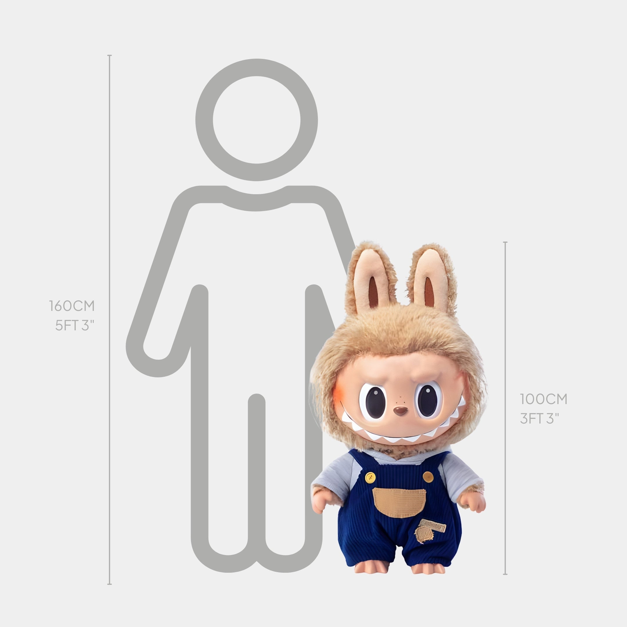 The Giant Sculptures The Monster Time To Chill Labubu Sculpture - 100cm features big eyes, bunny ears, and blue overalls. Hand-cast from fibreglass, its a whimsical collectible for design lovers, displayed beside a gray human outline.