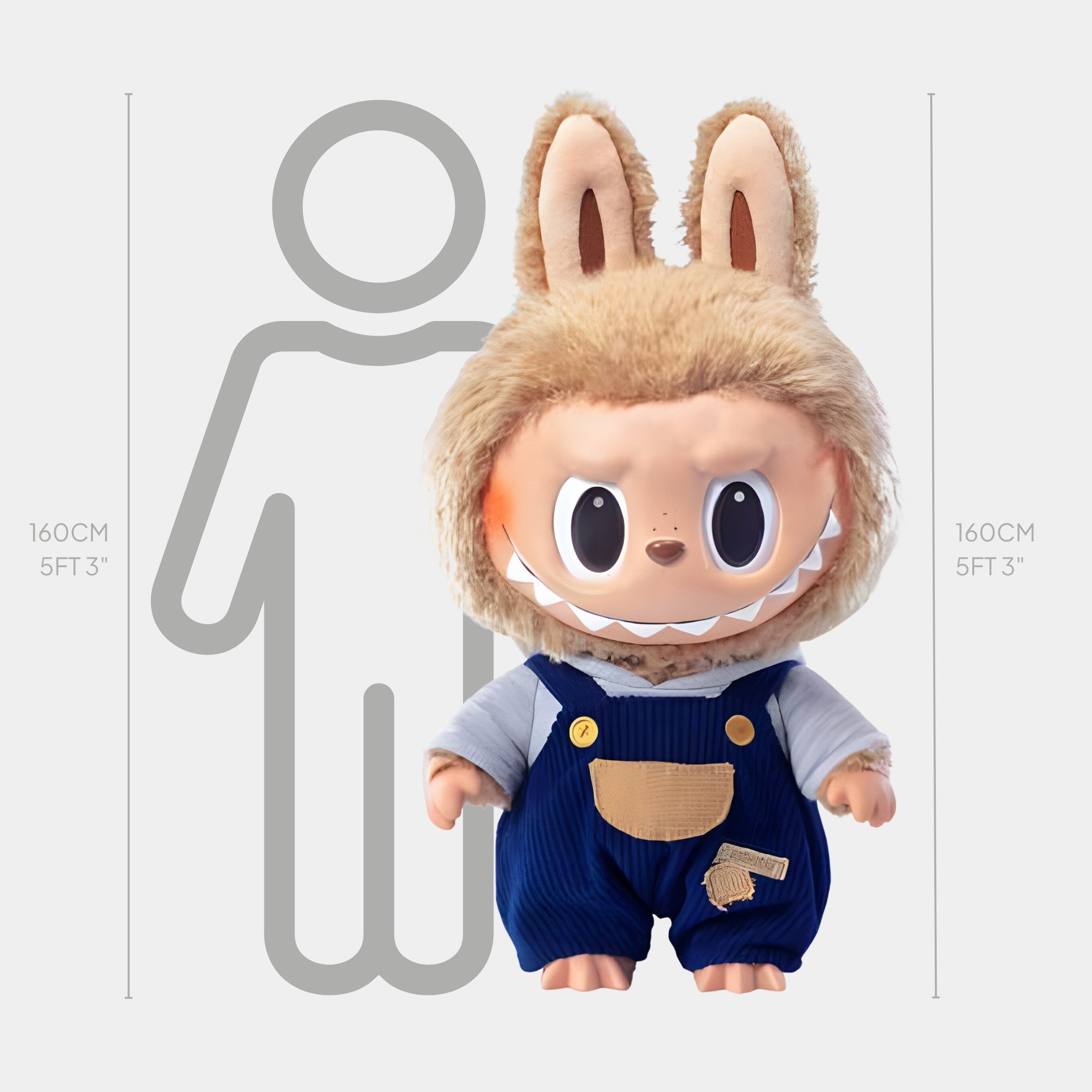 The Monster Time To Chill Labubu Sculpture - 160cm by Giant Sculptures features plush faux-fur ears, blue overalls, and a fuzzy hood, shown beside a human silhouette and height chart for size comparison.
