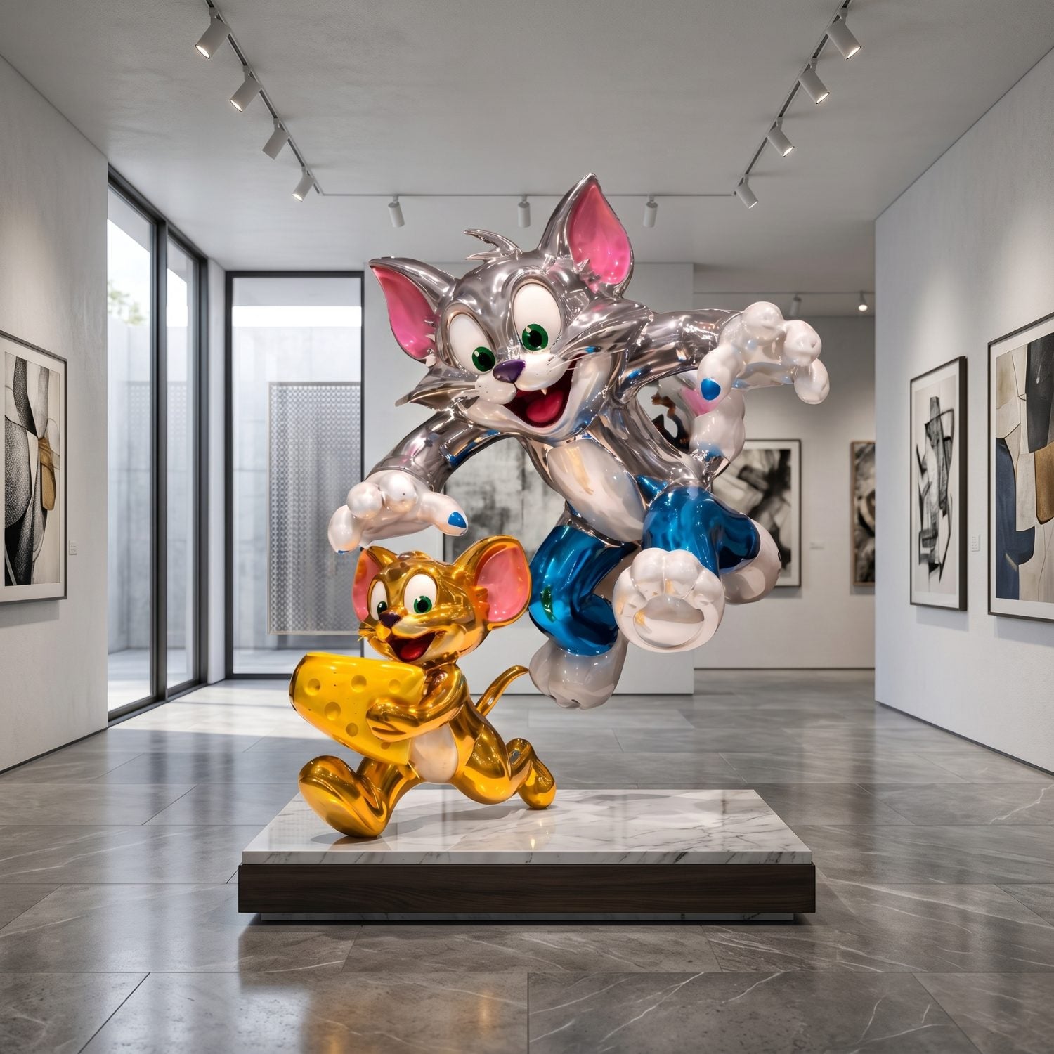 The Tom and Jerry Classic Scene Sculpture - 120cm by Giant Sculptures features silver-blue Tom chasing gold Jerry, displayed in a modern gallery with marble floors and black-and-white pop culture art adorning the walls.