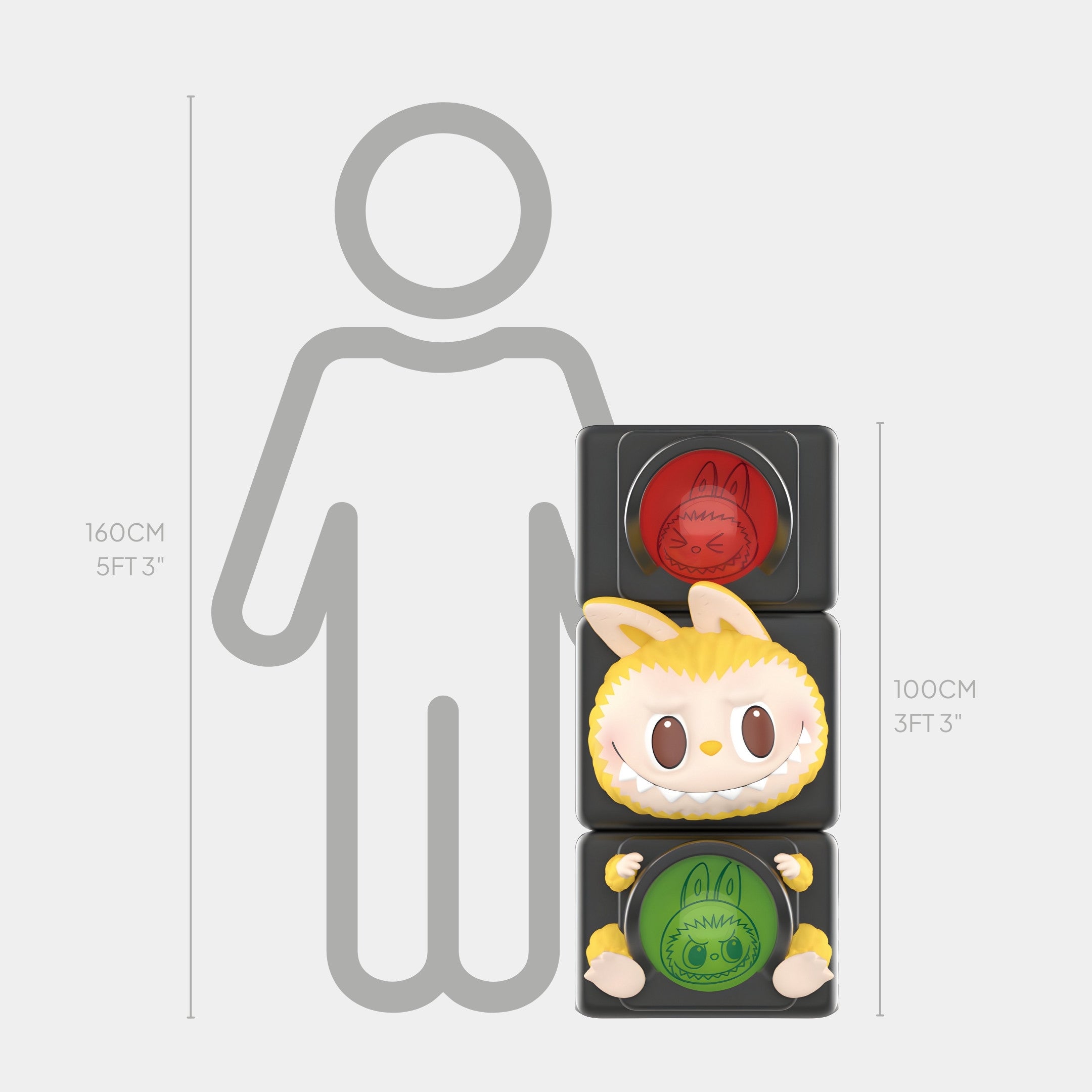 The Giant Sculptures Hidden Traffic Light Labubu Sculpture - 100cm, made from durable fibreglass with cartoon animal faces, stands next to a gray figure for scale—showing the sculpture at 100 cm beside a 160 cm (5 ft 3 in) person.