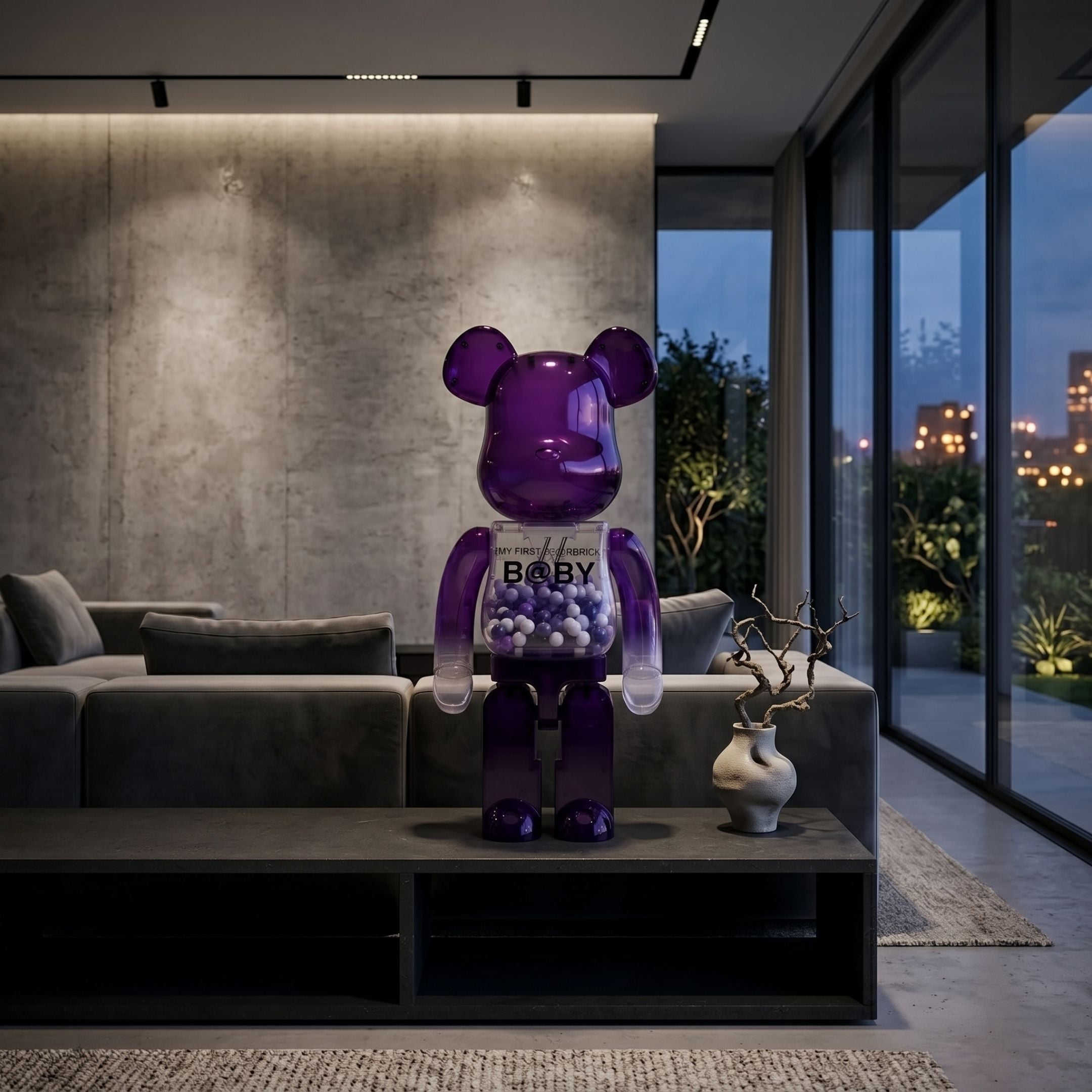 Translucent Purple Beads Bear Sculpture, 70cm, resin bear filled with blue and white beads, displayed on a media console in a modern living room at dusk.