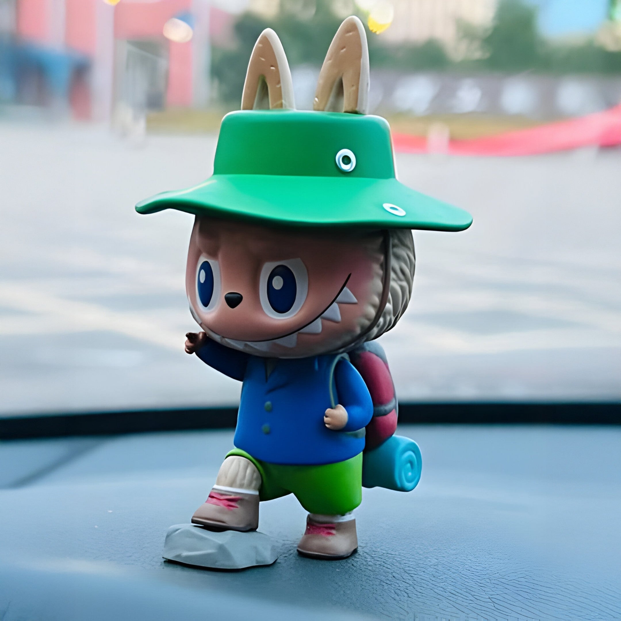 The Camp Life Traveller Labubu Sculpture - 100cm by Giant Sculptures features a cartoonish figure with bunny ears, green hat, blue jacket, and green shorts, backpack ready and poised on a rock—capturing the spirit of adventure.