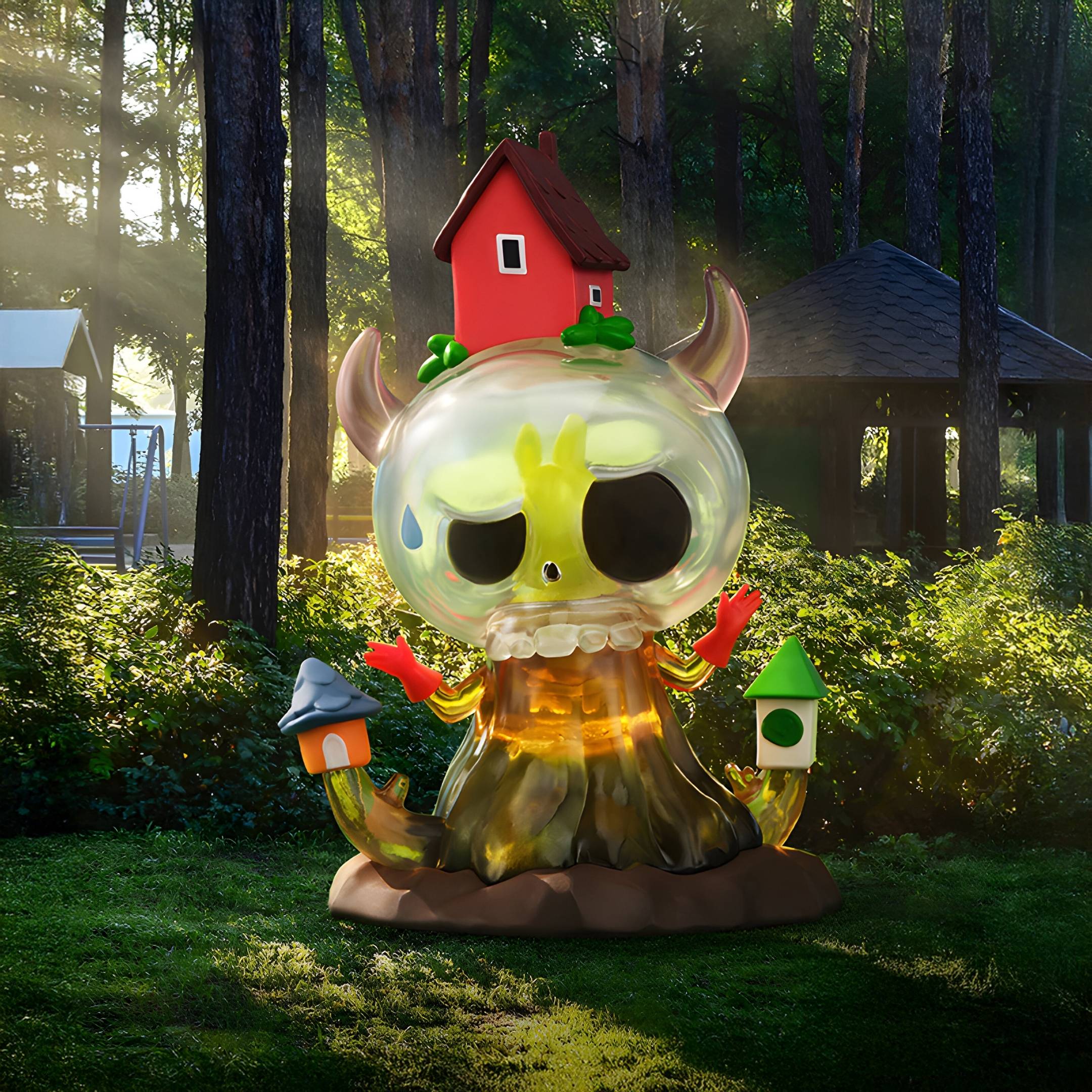 The 160cm Hidden Tree House Labubu Sculpture by Giant Sculptures features a transparent, horned, skull-like design with a red house on its head, standing on grass and holding colorful houses in a sunny forest setting.
