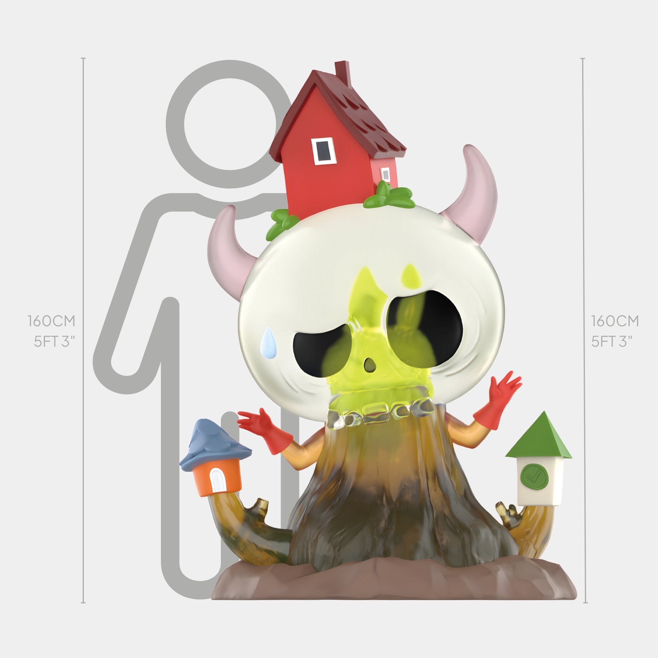The Giant Sculptures Hidden Tree House Labubu Sculpture - 160cm, featuring a skull-like head, horns, red gloves, and houses on its tentacles, is shown beside a human silhouette for scale.