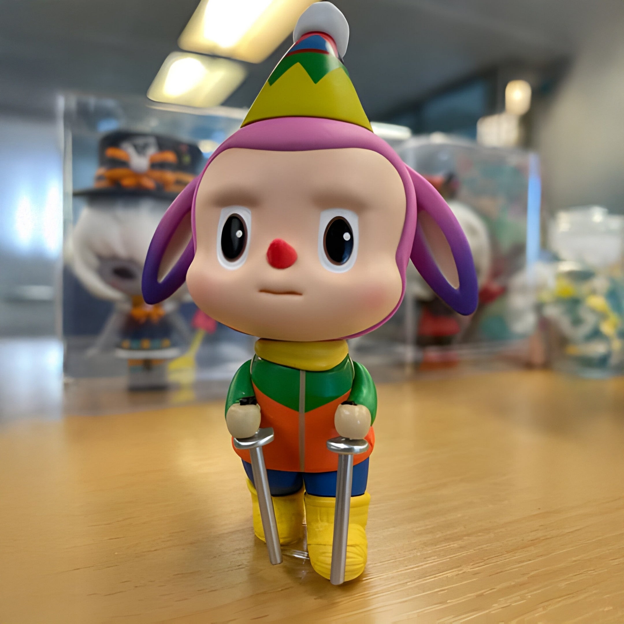 The 160cm Camp Life Trekker Labubu Sculpture by Giant Sculptures stands on a wooden surface, featuring a round face, party hat, yellow boots, and holding two crutches, with blurred collectible figures in the background.