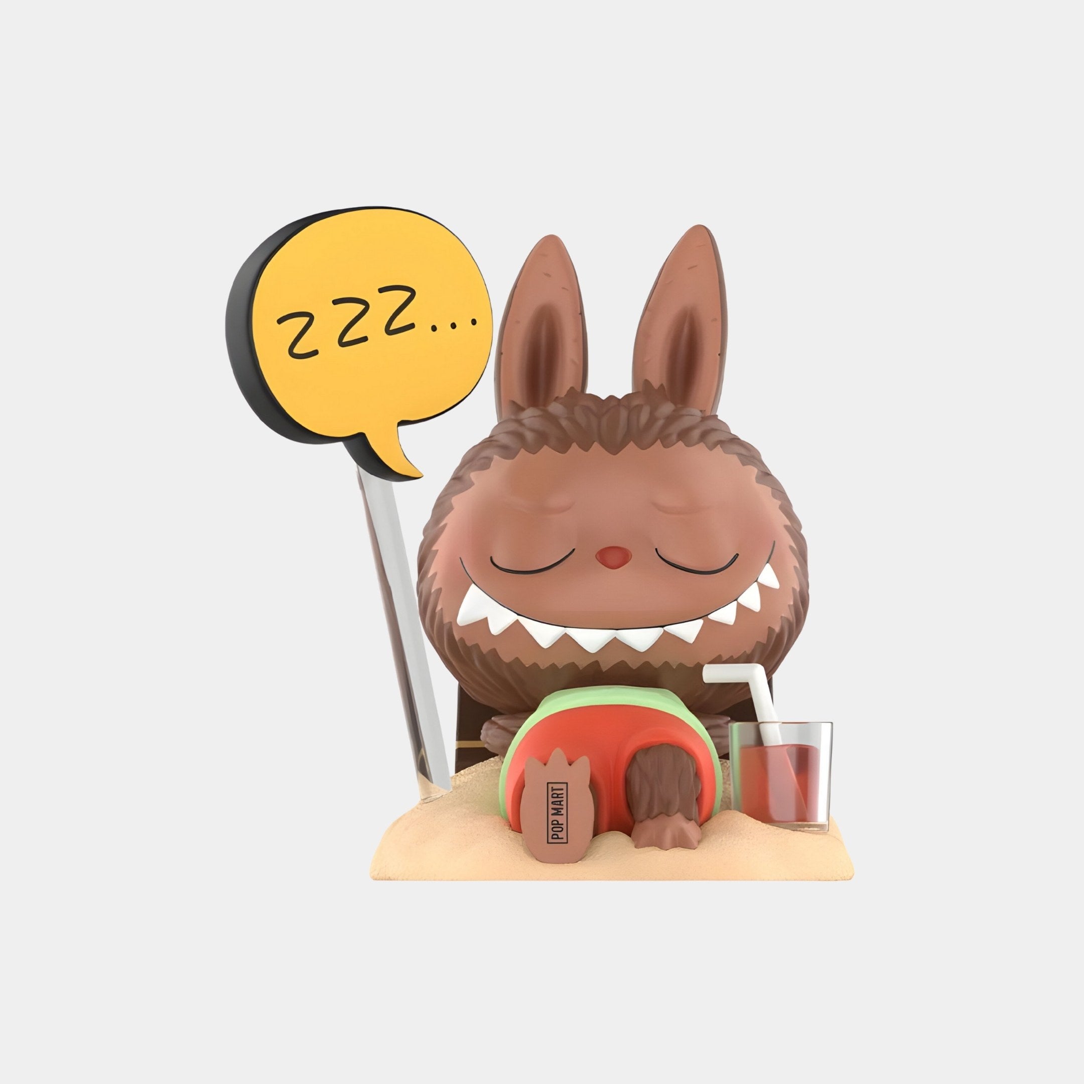 The Triangle Chocolate Candy Labubu Figure (7-10cm) by Giant Sculptures shows a cute, round, brown Labubu in swimming trunks, relaxing on sand with a peaceful smile, next to red juice and chocolate candy, holding a "zzz..." speech bubble.