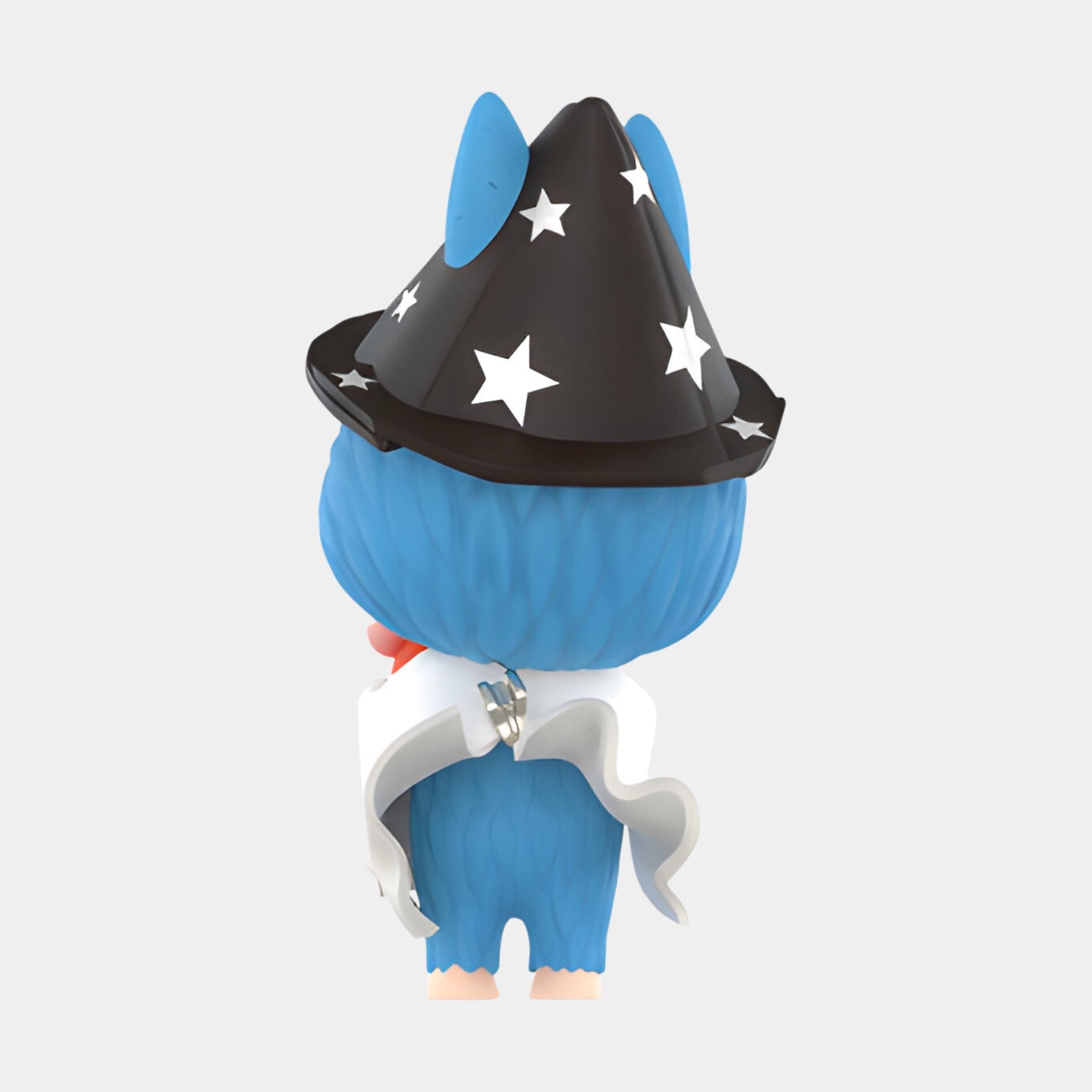 The Halloween Parade Wizard Labubu Sculpture (160cm) by Giant Sculptures features a blue, furry character with pink feet in a starry black hat and white cape. Displayed from behind on a light gray background, it celebrates festive Halloween style.