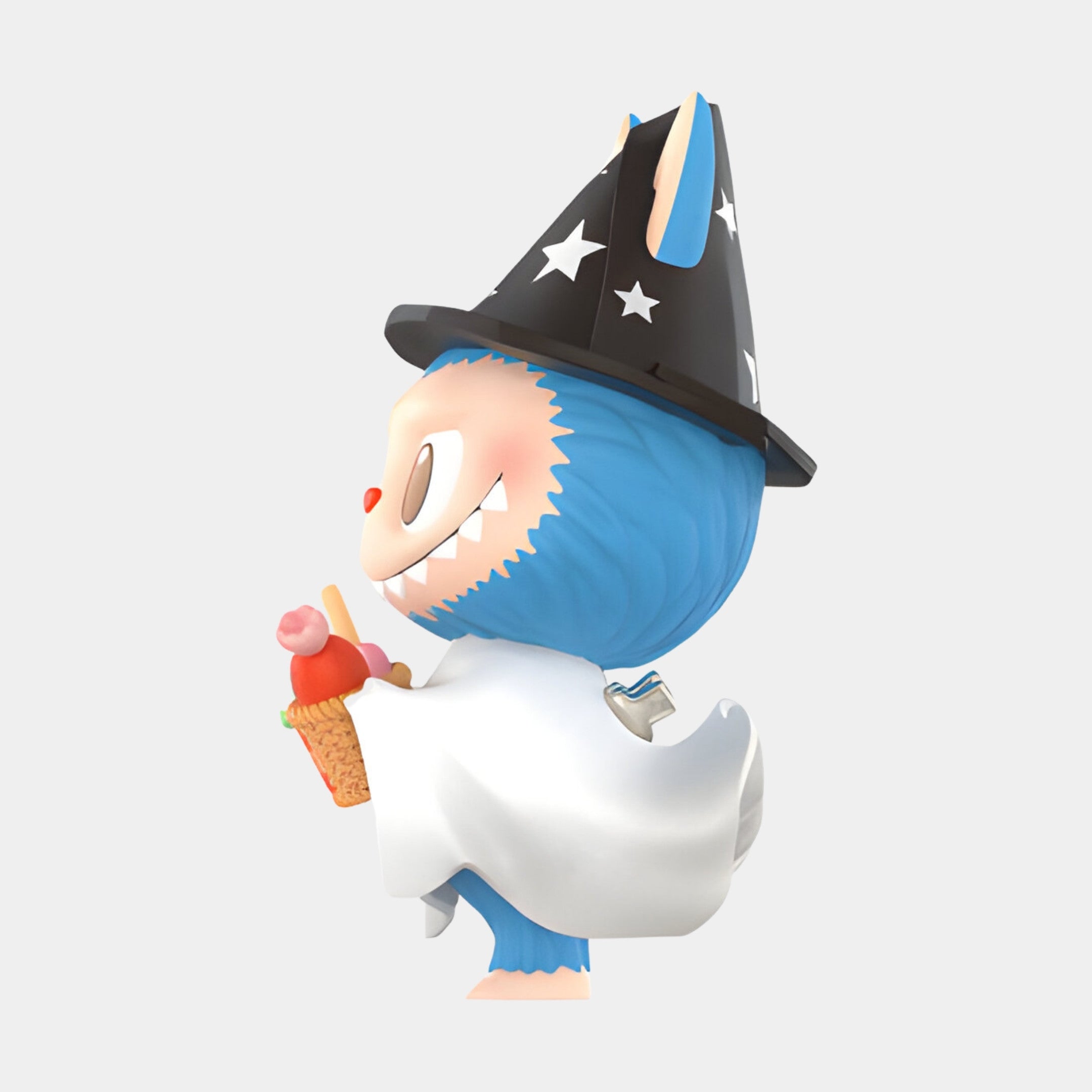The Halloween Parade Wizard Labubu Sculpture by Giant Sculptures stands 160cm tall, featuring a blue cartoon creature in a starry wizard hat and white cape, holding a colorful ice cream cone against a plain background.