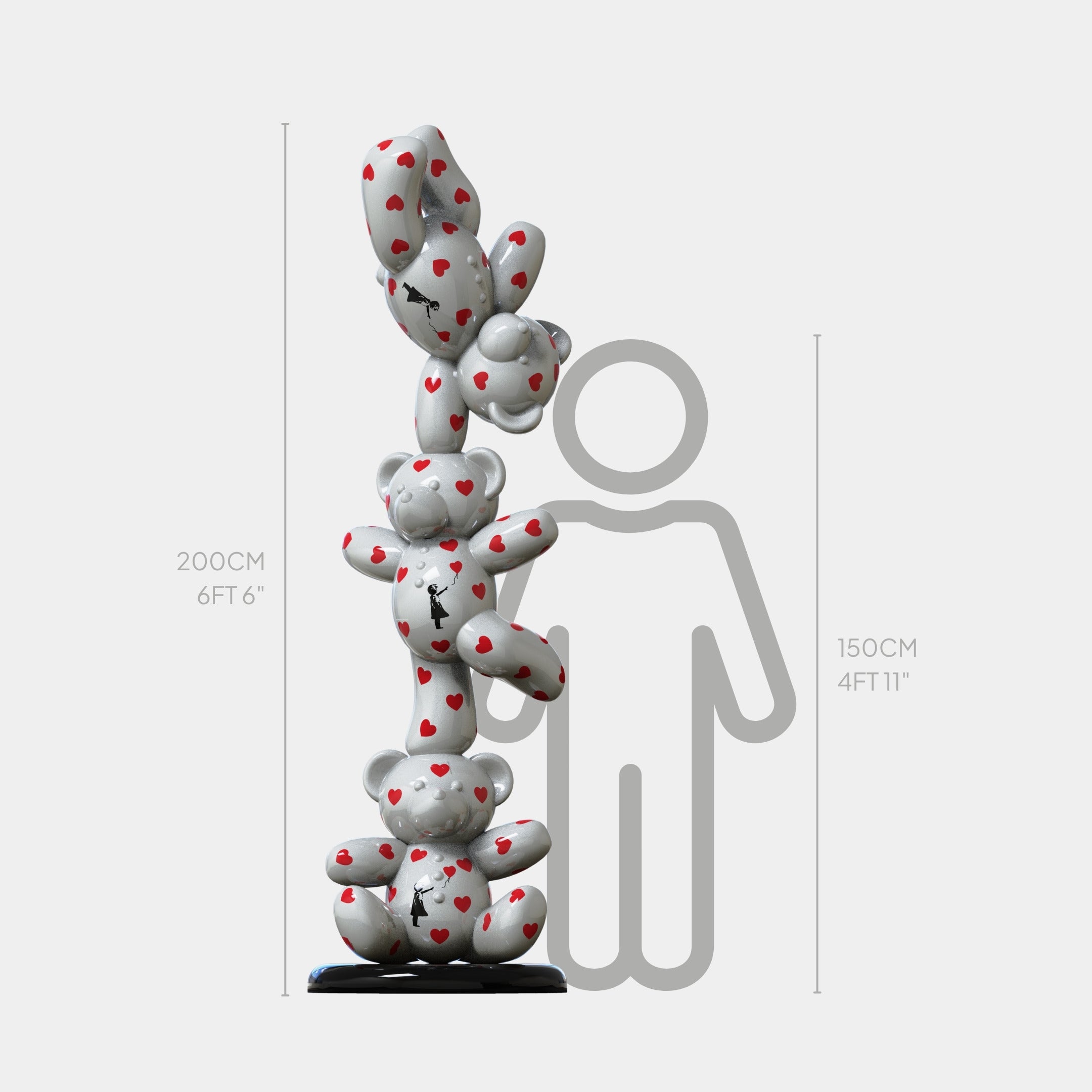 The Giant Sculptures Gacko Banksy Triple Bear Sculpture - 200cm features three stacked white teddy bears with red hearts. Shown here beside a 150cm (4ft 11in) silhouette for scale, the fiberglass piece stands an impressive 200cm (6ft 6in) tall.
