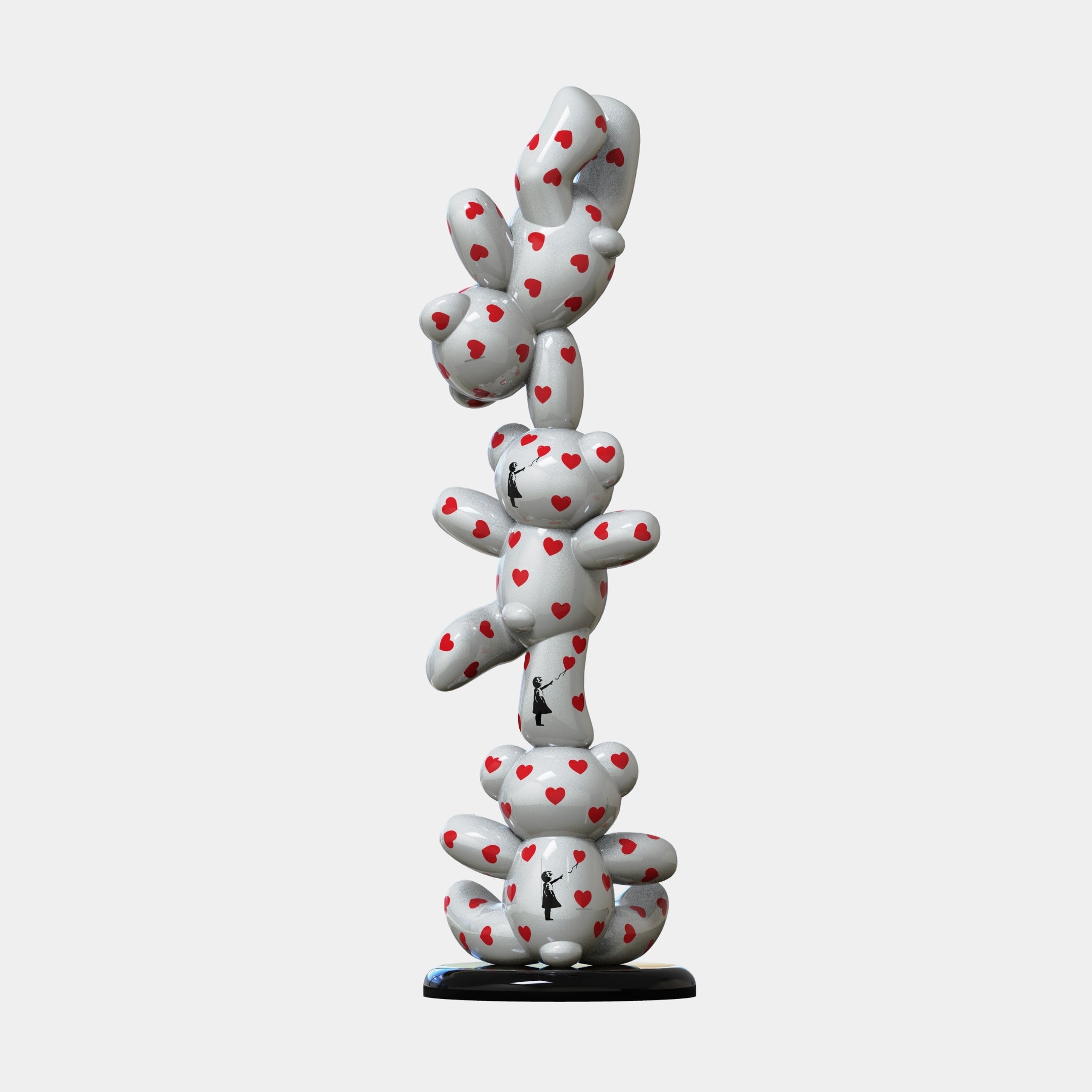 The Gacko Banksy Triple Bear Sculpture by Giant Sculptures is a 90cm contemporary street art piece featuring four white teddy bears with red hearts stacked on a black circular base. Perfect for adding playful charm to any space.