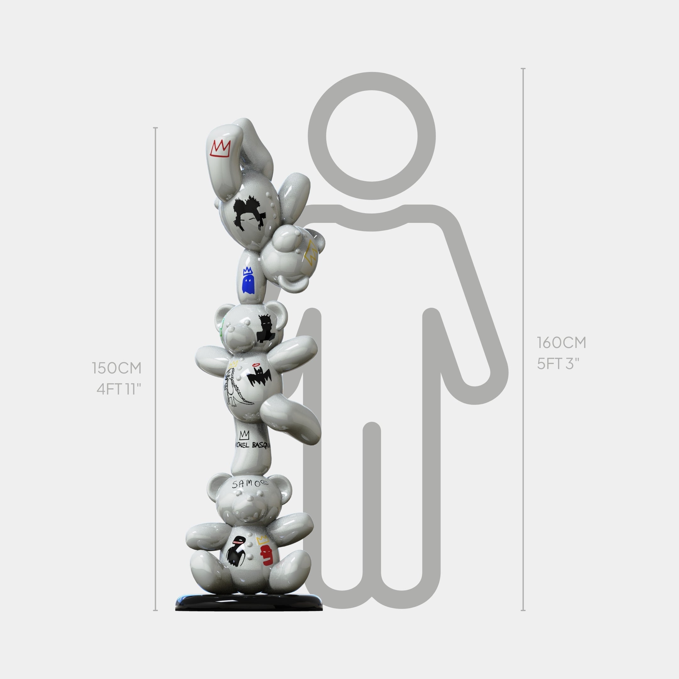 The Gacko Basquiat Triple Bear Sculpture by Giant Sculptures stands 150 cm tall, featuring stacked white bears with black and red doodles—slightly shorter than the 160 cm person outline shown for scale.