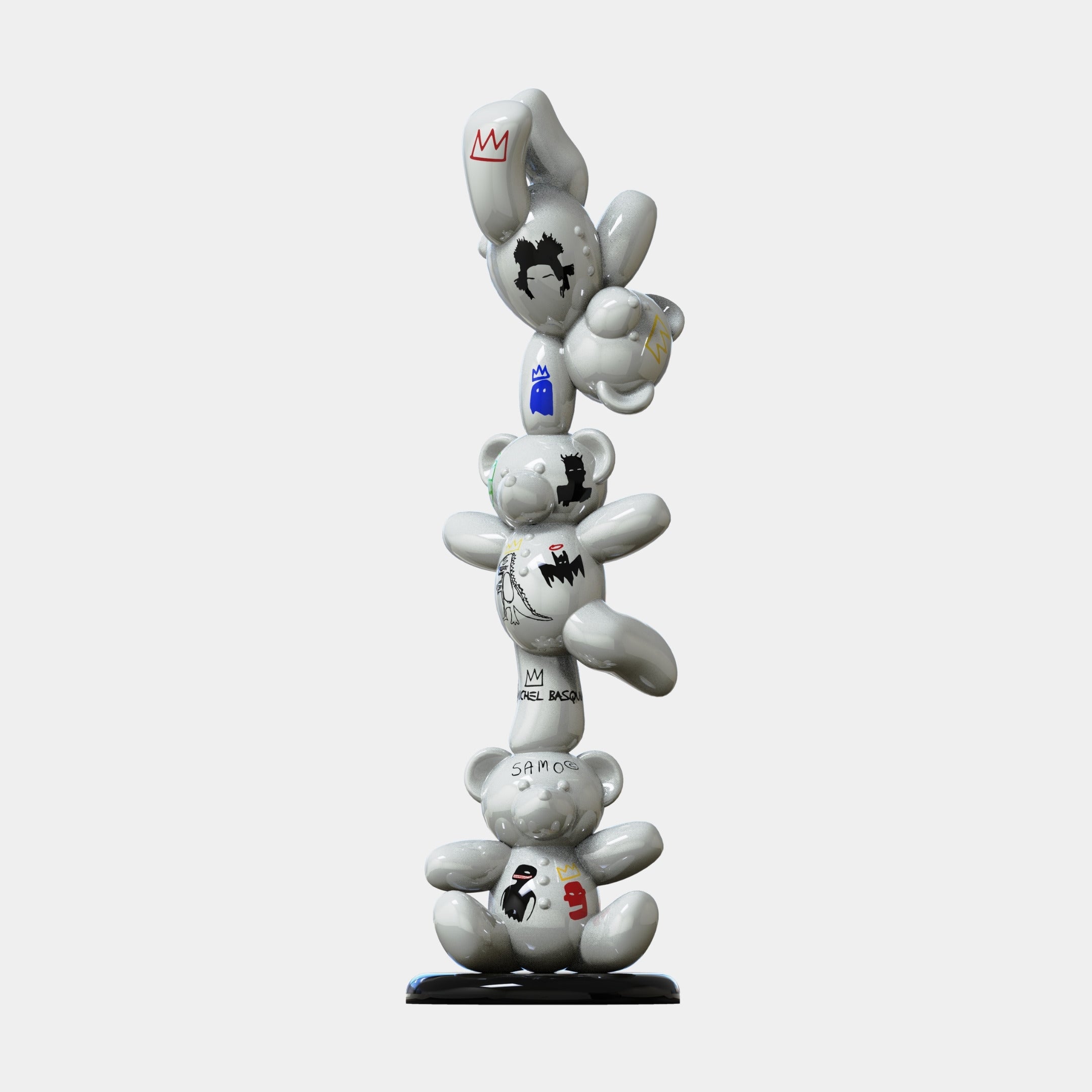 The Gacko Basquiat Triple Bear Sculpture (90cm) by Giant Sculptures features three white bears stacked vertically, each adorned with unique black, red, and blue neo-expressionist street art crowns, standing on a simple base against a plain background.