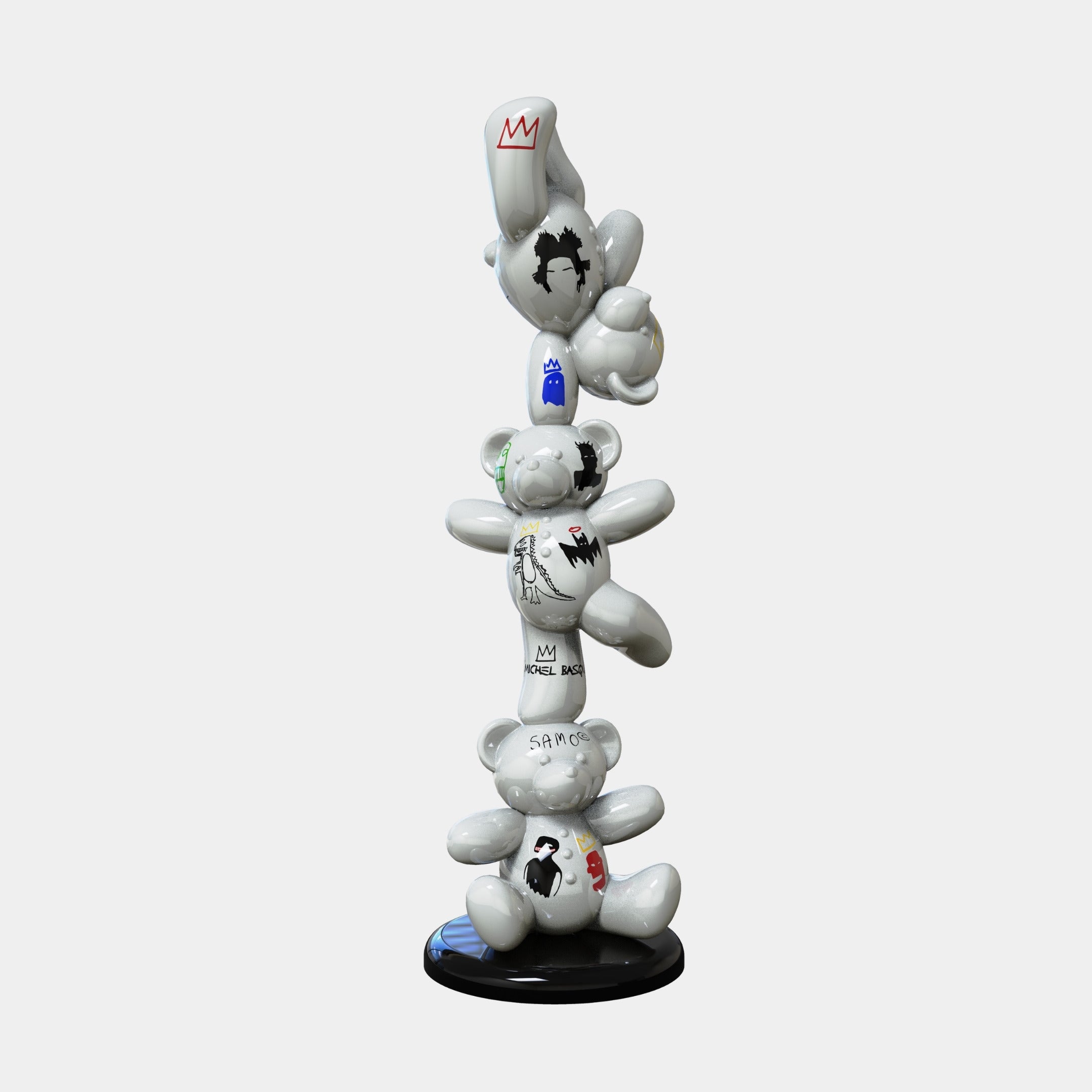 The Gacko Basquiat Triple Bear Sculpture - 150cm by Giant Sculptures features three white bears stacked vertically, each with crowns and graffiti accents, on a round black base—a bold neo-expressionist statement.