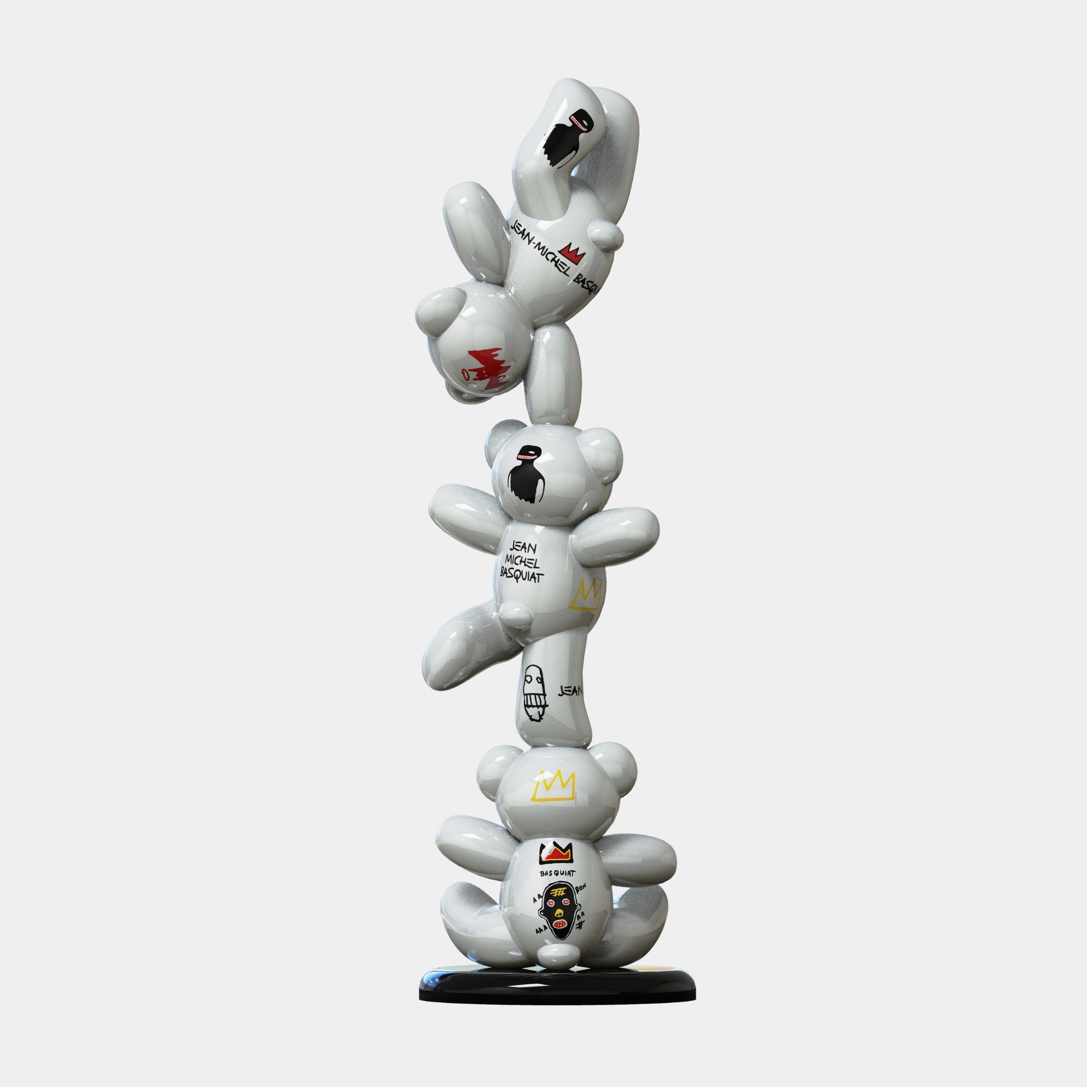 The Gacko Basquiat Triple Bear Sculpture - 150cm by Giant Sculptures features three white, balloon-inspired bears with bold neo-expressionist graphics, crowns, and text, stacked on a sleek black base.
