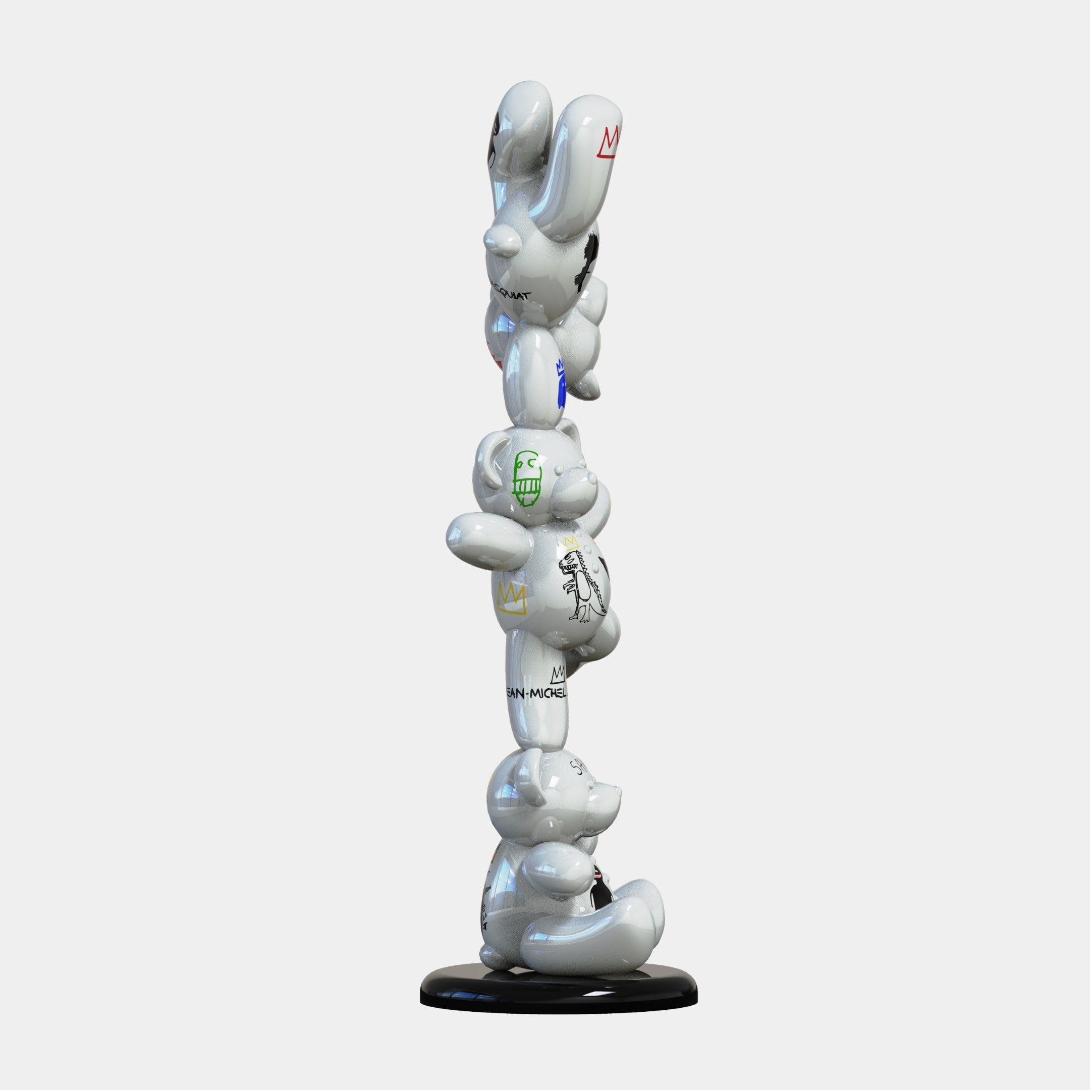 The Gacko Basquiat Triple Bear Sculpture (150cm) by Giant Sculptures features three glossy, cartoon-like white bears stacked vertically with neo-expressionist logos and symbols on a black circular base, making a bold contemporary art statement.