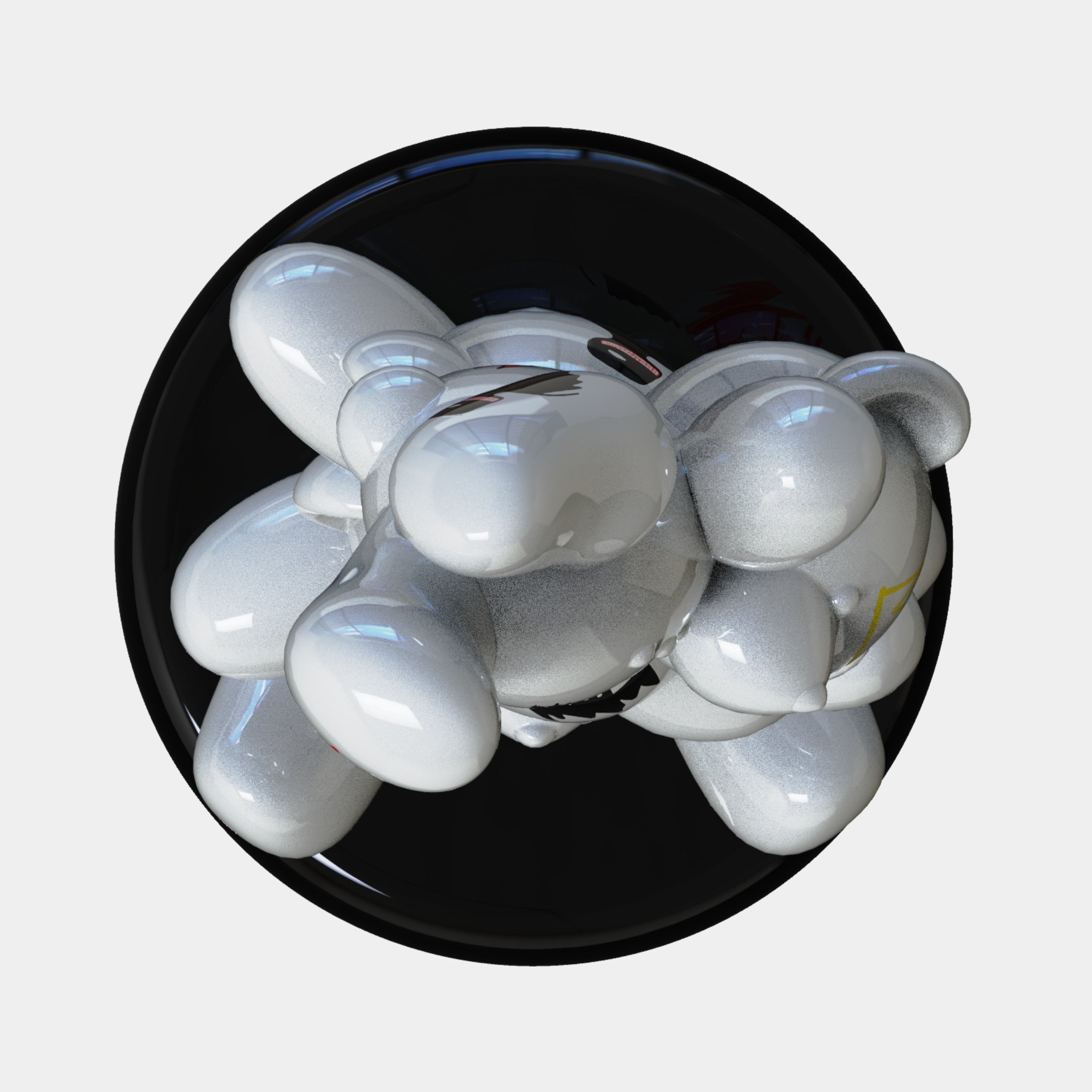 The Gacko Basquiat Triple Bear Sculpture by Giant Sculptures features shiny, abstract white forms with rounded shapes on a glossy black base, resembling contemporary or neo-expressionist art.