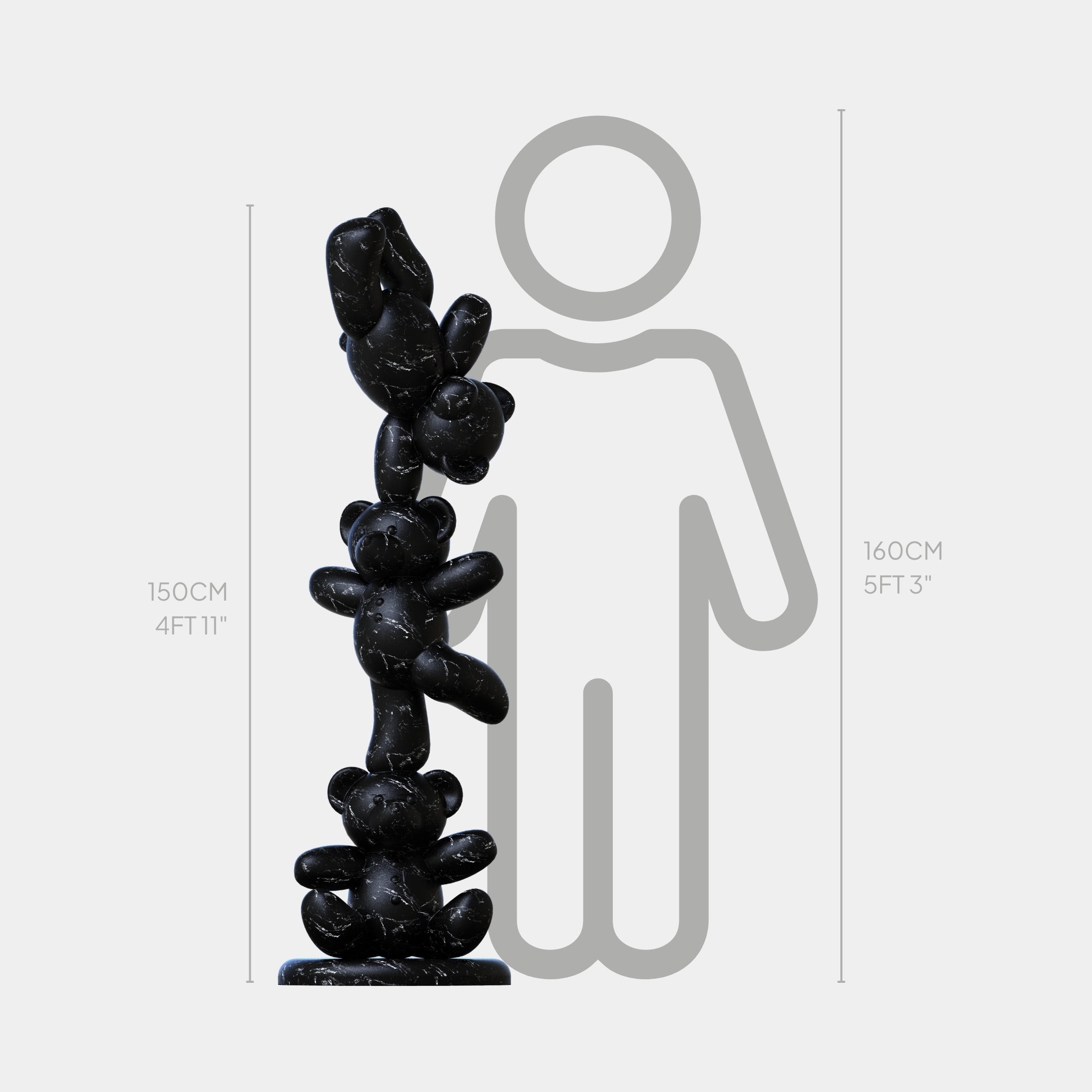 The Gacko Black Marble Triple Bear Sculpture - 150cm by Giant Sculptures is a tall, black marble artwork with stacked abstract bears, standing at 150 cm—just shy of the 160 cm height of a nearby simplified figure.
