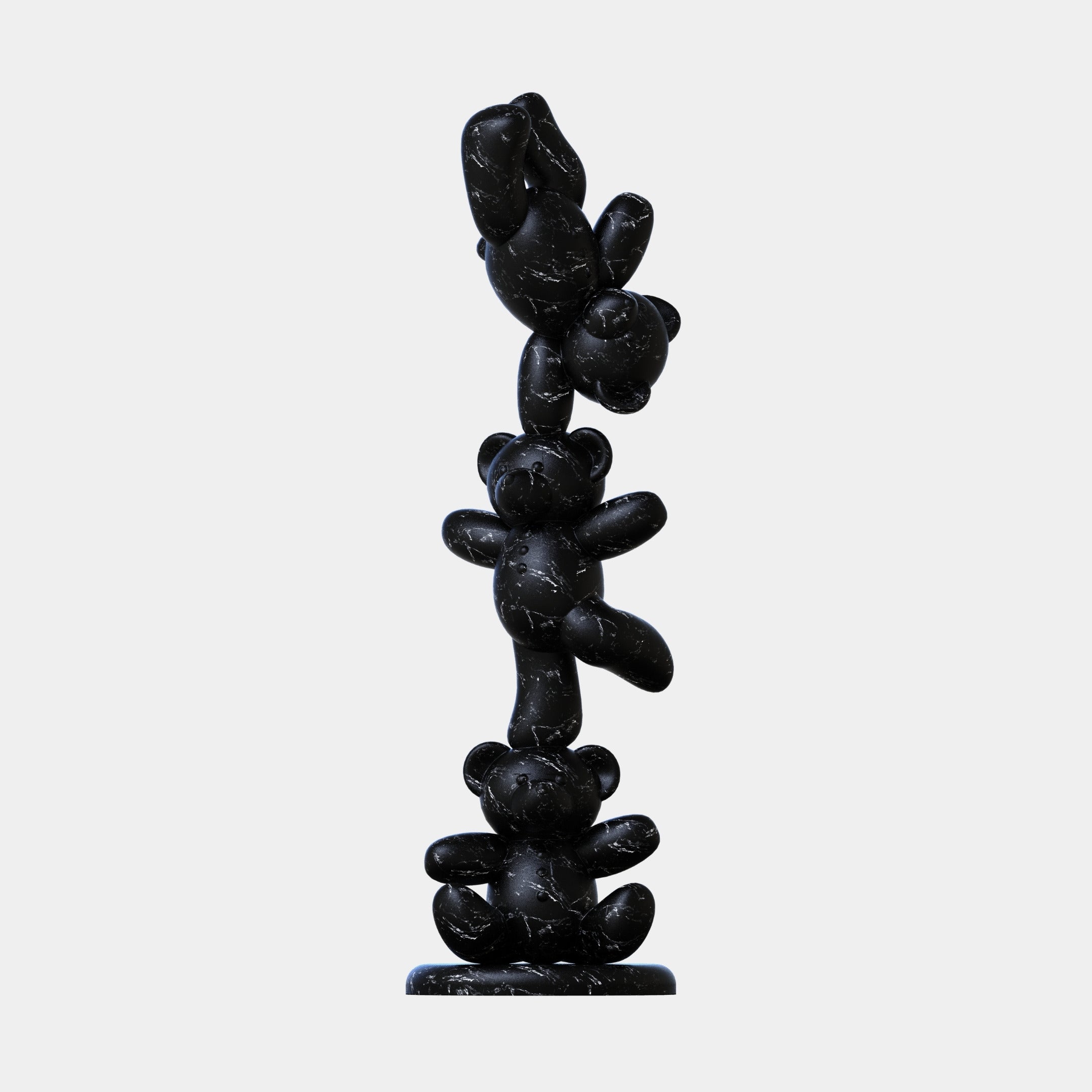The Gacko Black Marble Triple Bear Sculpture (90cm) by Giant Sculptures features three black marble-effect bears stacked vertically, with the top bear upside down, set against a plain light gray background.