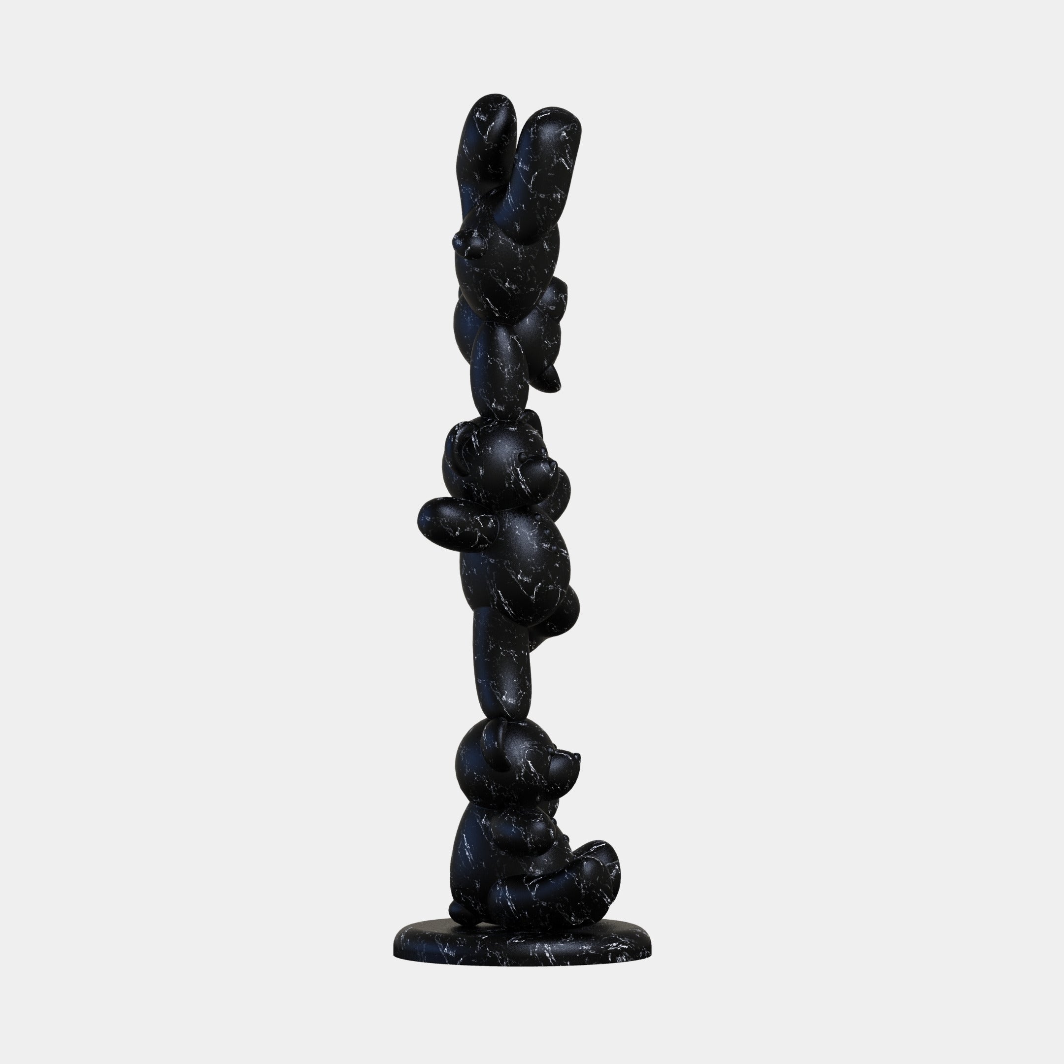 The Gacko Black Marble Triple Bear Sculpture by Giant Sculptures is a 90cm tall, abstract decorative piece featuring three rounded, interconnected bear forms in a black marble-effect finish on a circular base against a white background.
