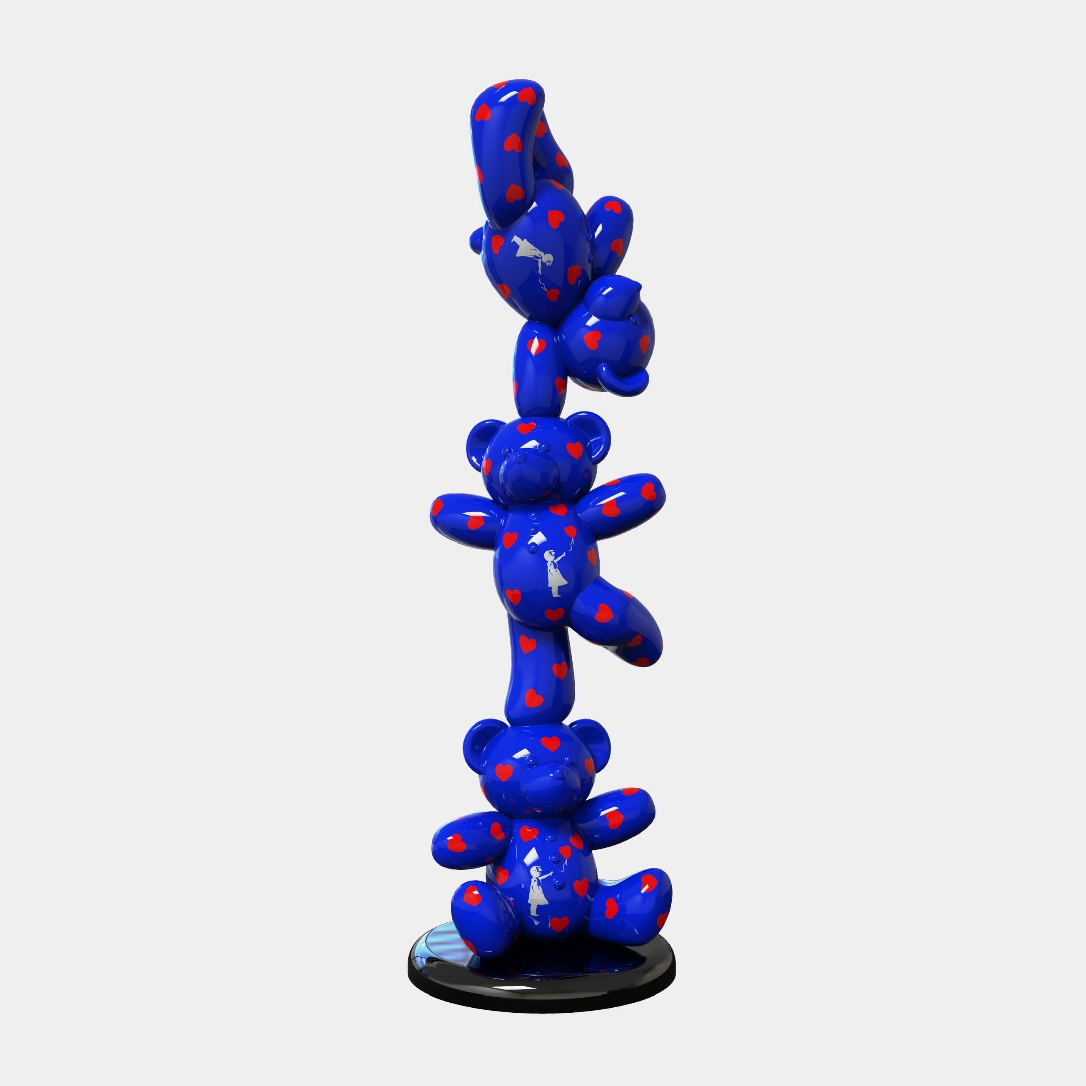 The Gacko Blue Love Triple Bear Sculpture (90cm) by Giant Sculptures features three stacked blue bears with red hearts on a black base, creating a playful, street art-inspired display perfect for contemporary spaces.