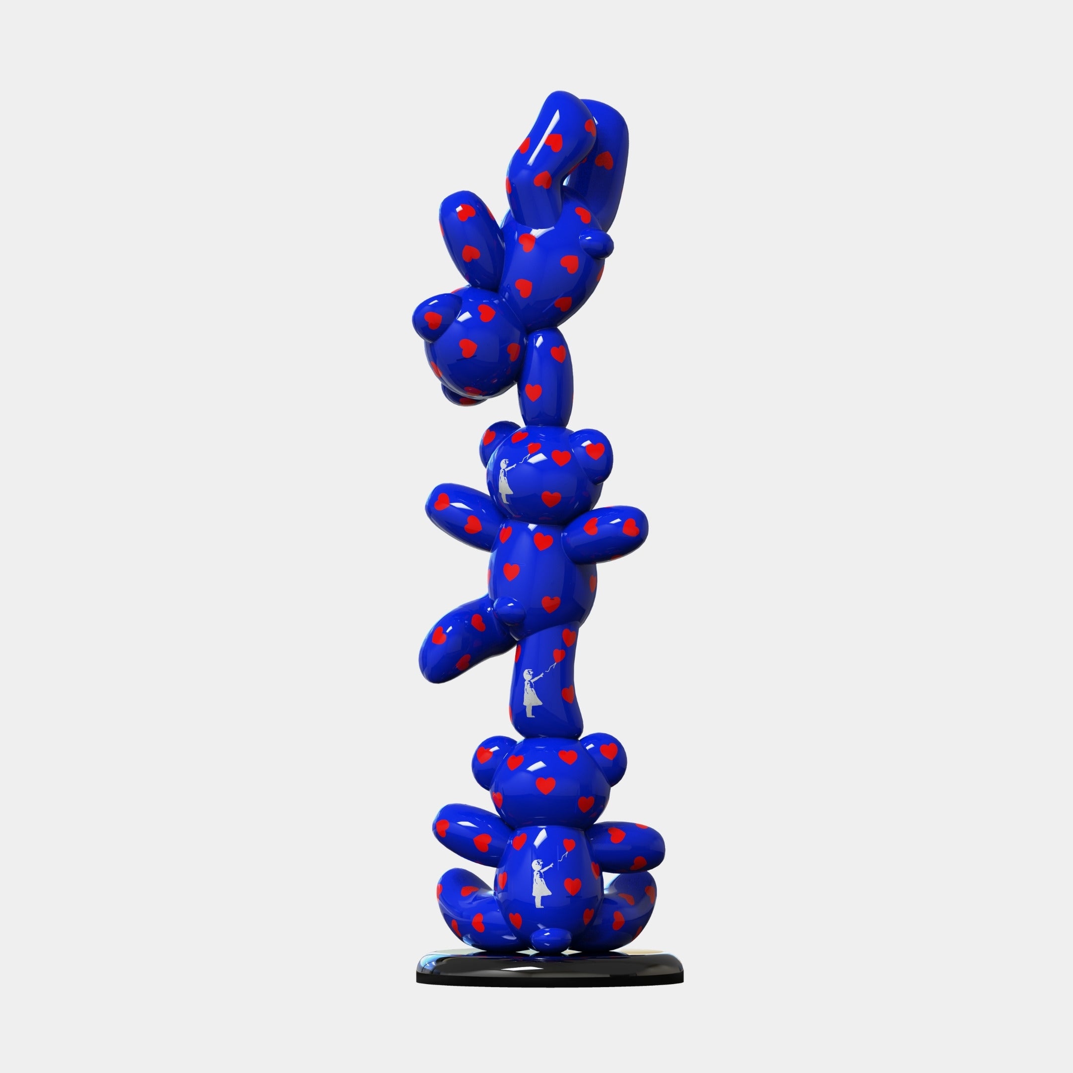 The Gacko Blue Love Triple Bear Sculpture (90cm) by Giant Sculptures features three stacked blue teddy bears with red heart patterns on a black base, creating a contemporary artwork inspired by urban street art.