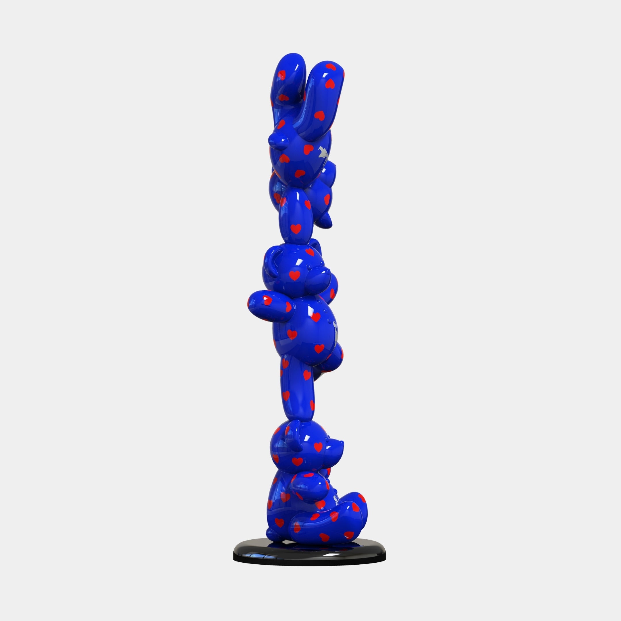 The Gacko Blue Love Triple Bear Sculpture by Giant Sculptures stands 90cm tall, featuring stacked blue bears adorned with red hearts on a black base—an eye-catching piece of contemporary decor against a white background.