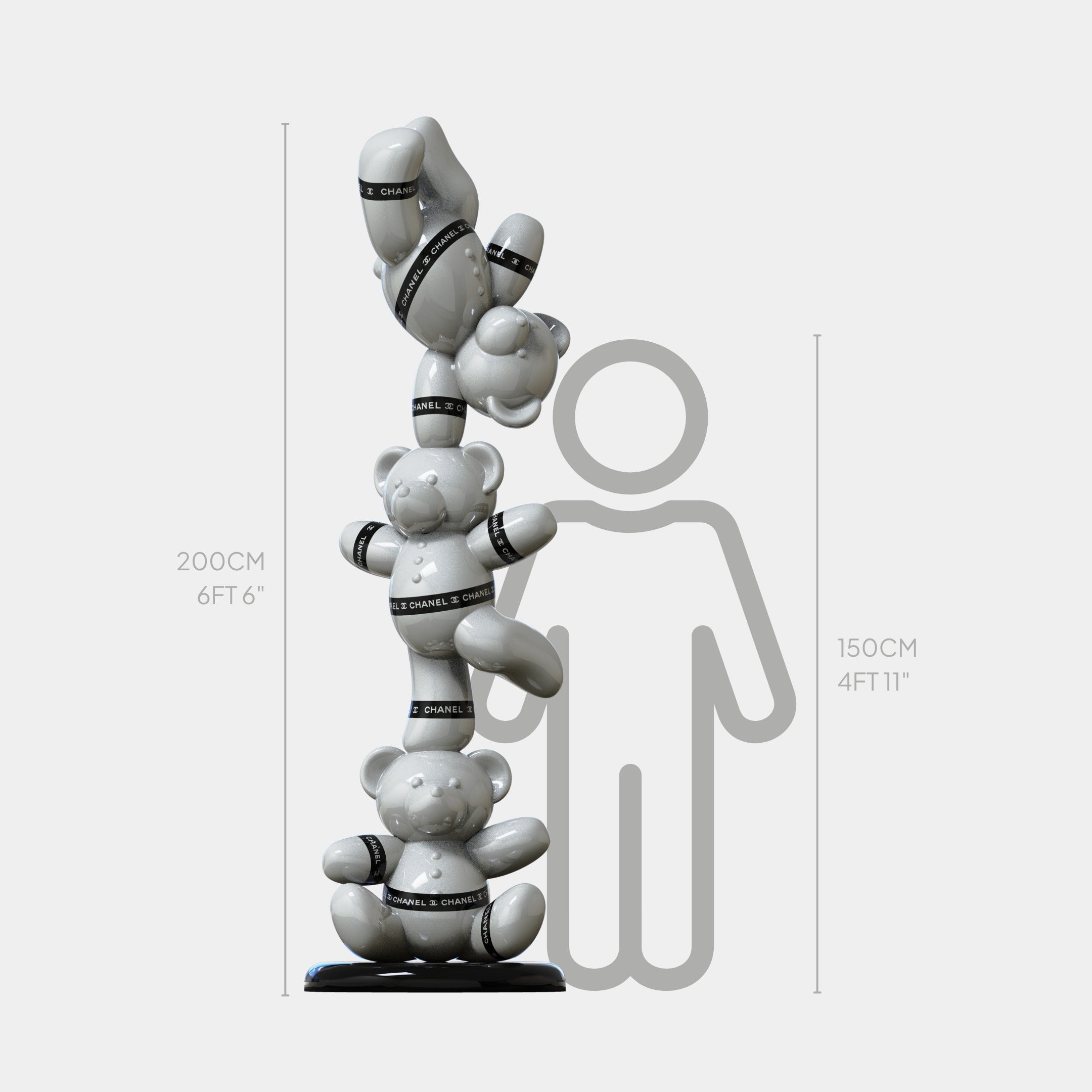 The Gacko Chanel Triple Bear Sculpture - 200cm by Giant Sculptures features five stacked teddy bears with ST. CHARLES & CHANEL bands, shown beside a 150cm silhouette and height chart for scale; the sculpture stands 200cm (6ft 6in) tall.