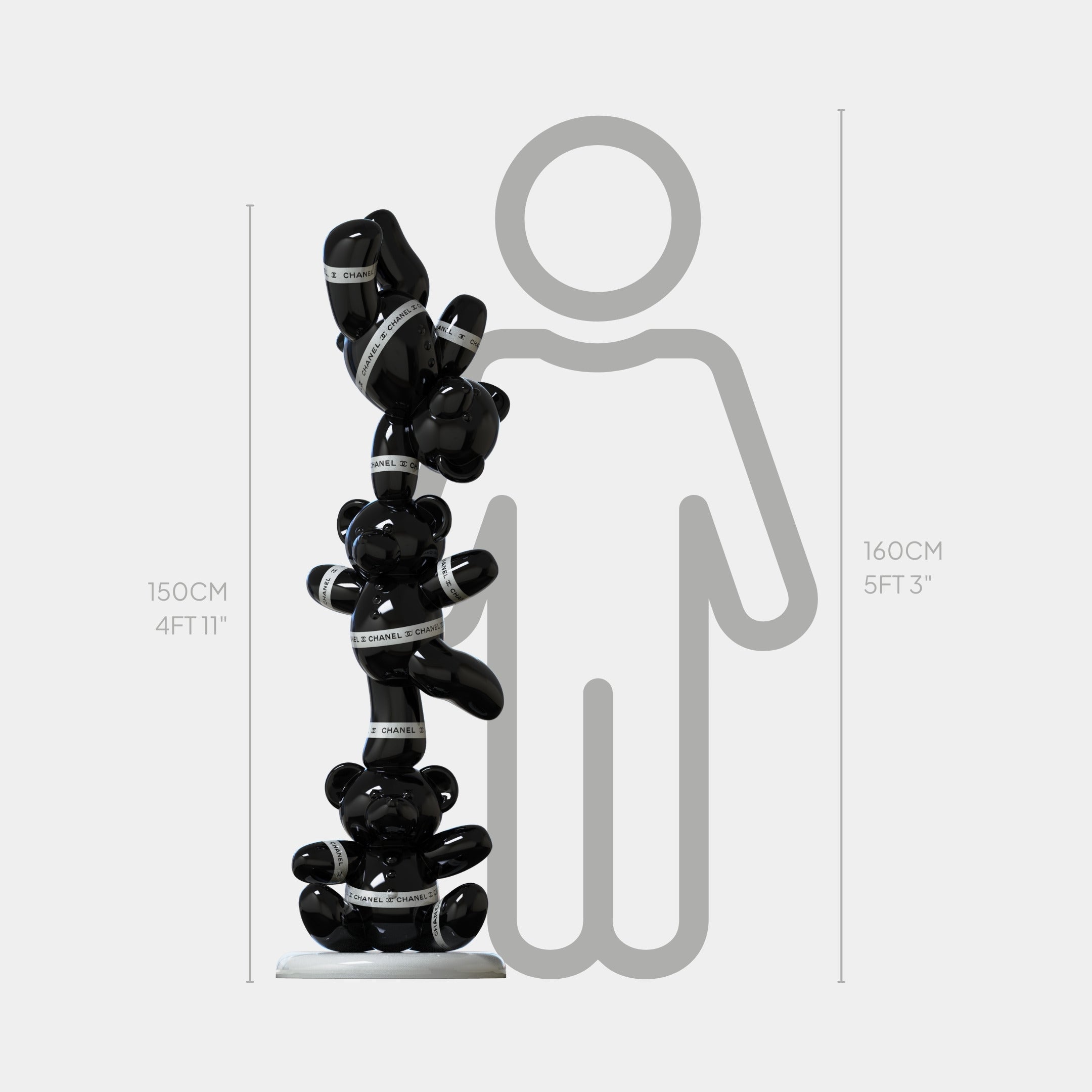 A stack of Gacko Black Chanel Triple Bear Sculptures by Giant Sculptures, each 150cm tall with white CHANEL bands, stands beside a 160cm outline—showcasing these glossy luxury pieces as perfect for modern interior decor.